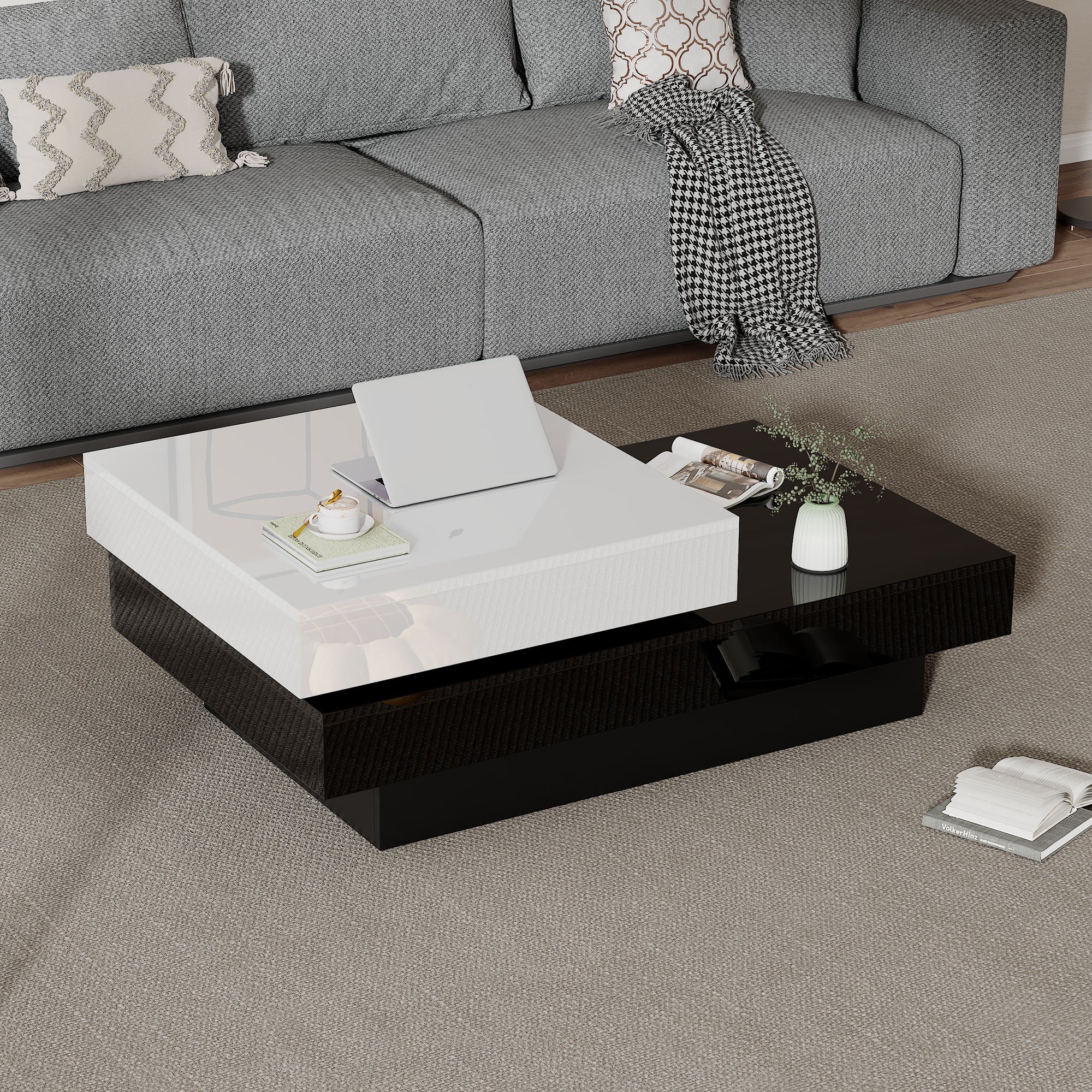 Rotating Coffee Table, Double-Layer with High Gloss Surface, Black and White