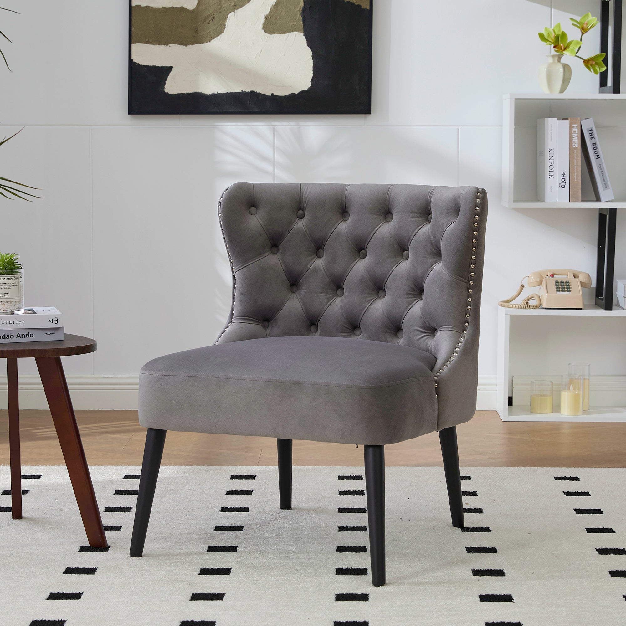 Single Sofa Chair, Armless Button-Front Studded Trim Solid Wood Legs, Velvet