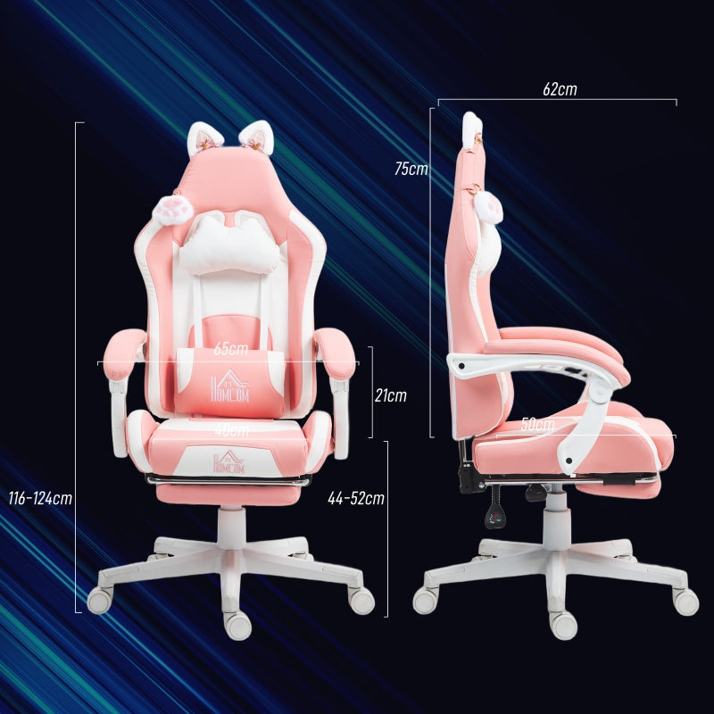 Cat Ear and Paw Office Chair with Footrest - Pink/White