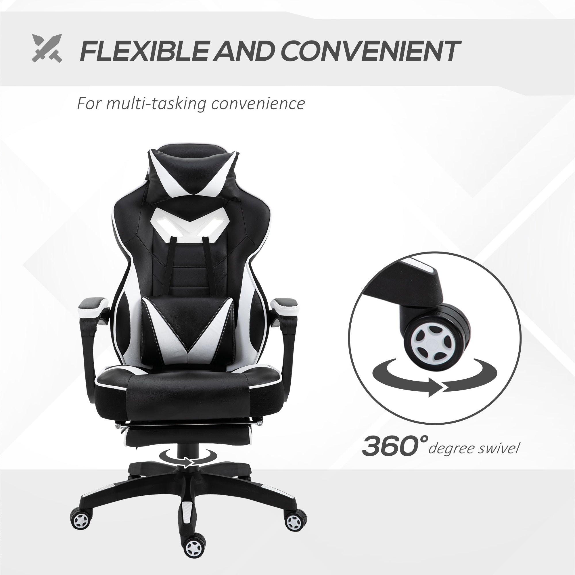 Computer Gaming Chair with Lumbar Support, Footrest, and Headrest, White PU Leather