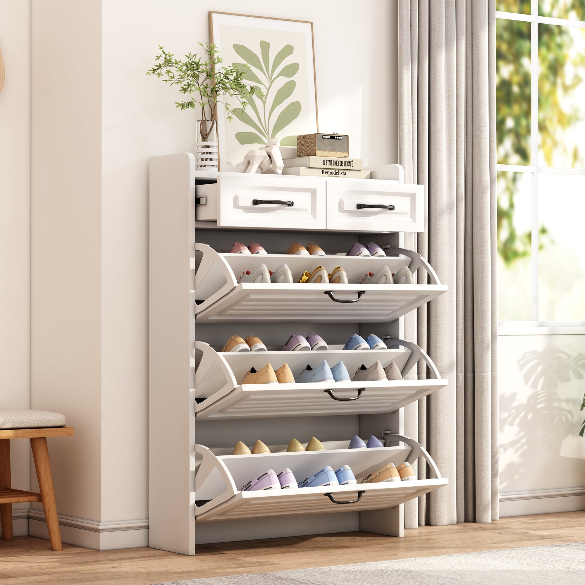 Shoe Cabinet 3 Doors 2 Drawers, W80/H131 cm, Wooden