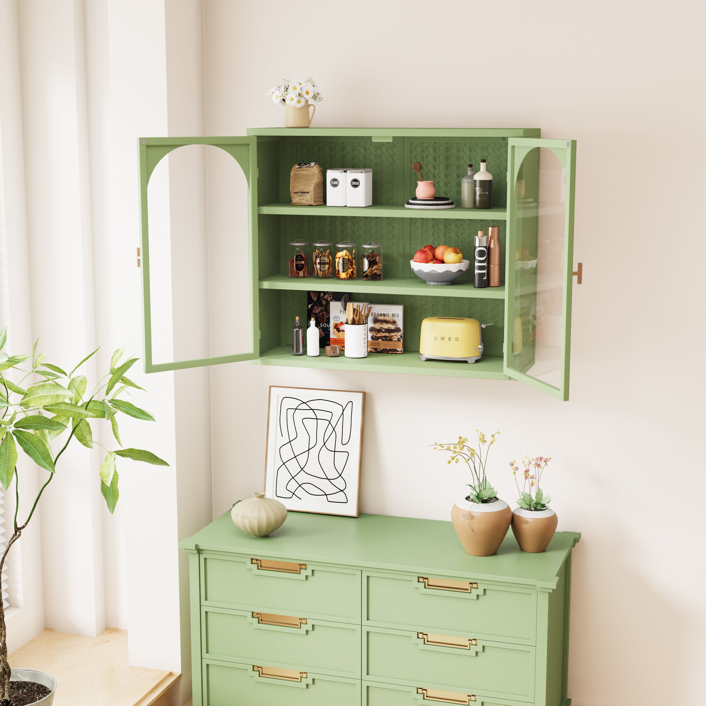 Wall Cabinet 70cm Two-door Three-tier Storage Woven Pattern, Green