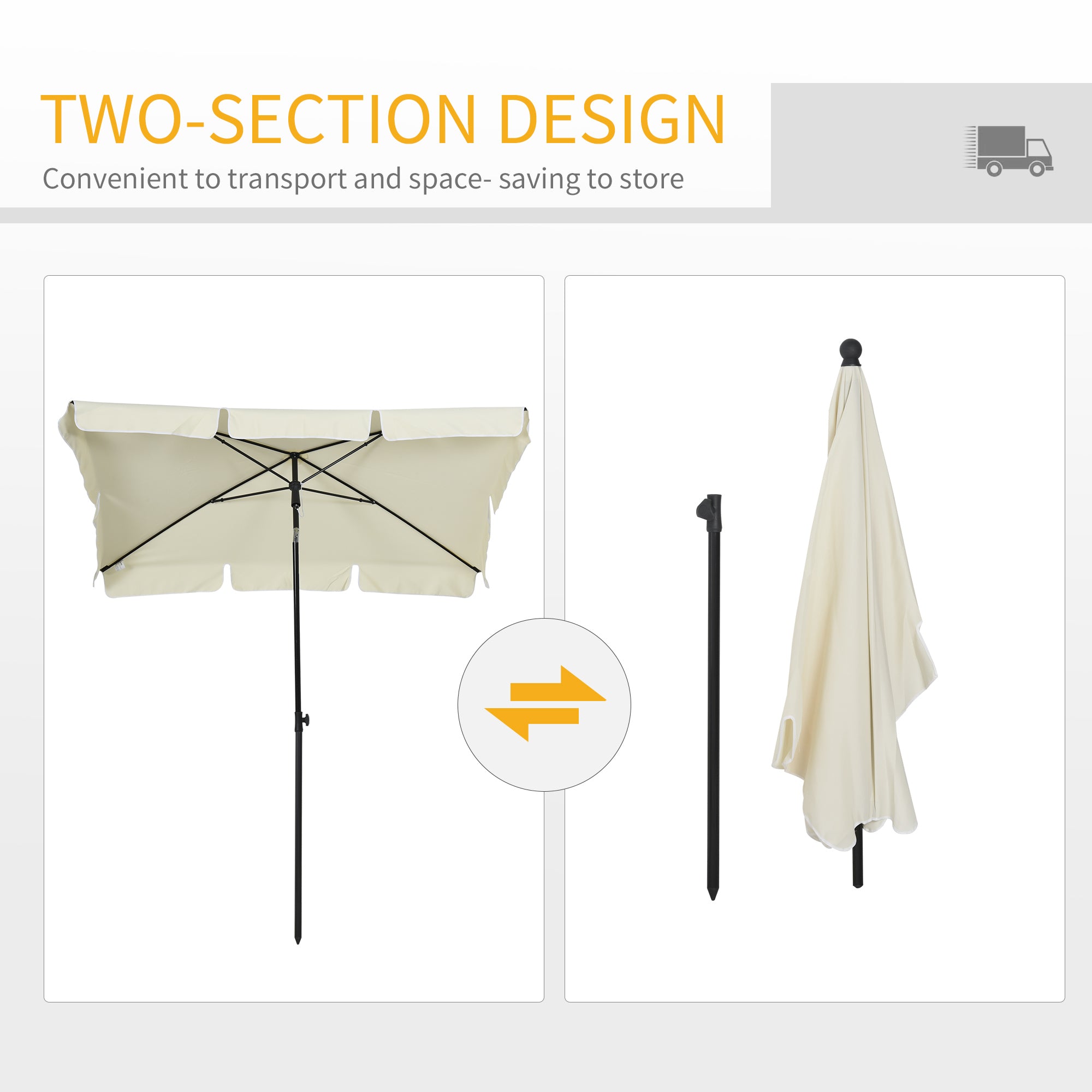 Garden Parasol Umbrella, 2 x 1.3m Rectangular Tilting with Ruffles and Aluminium Pole, Cream White