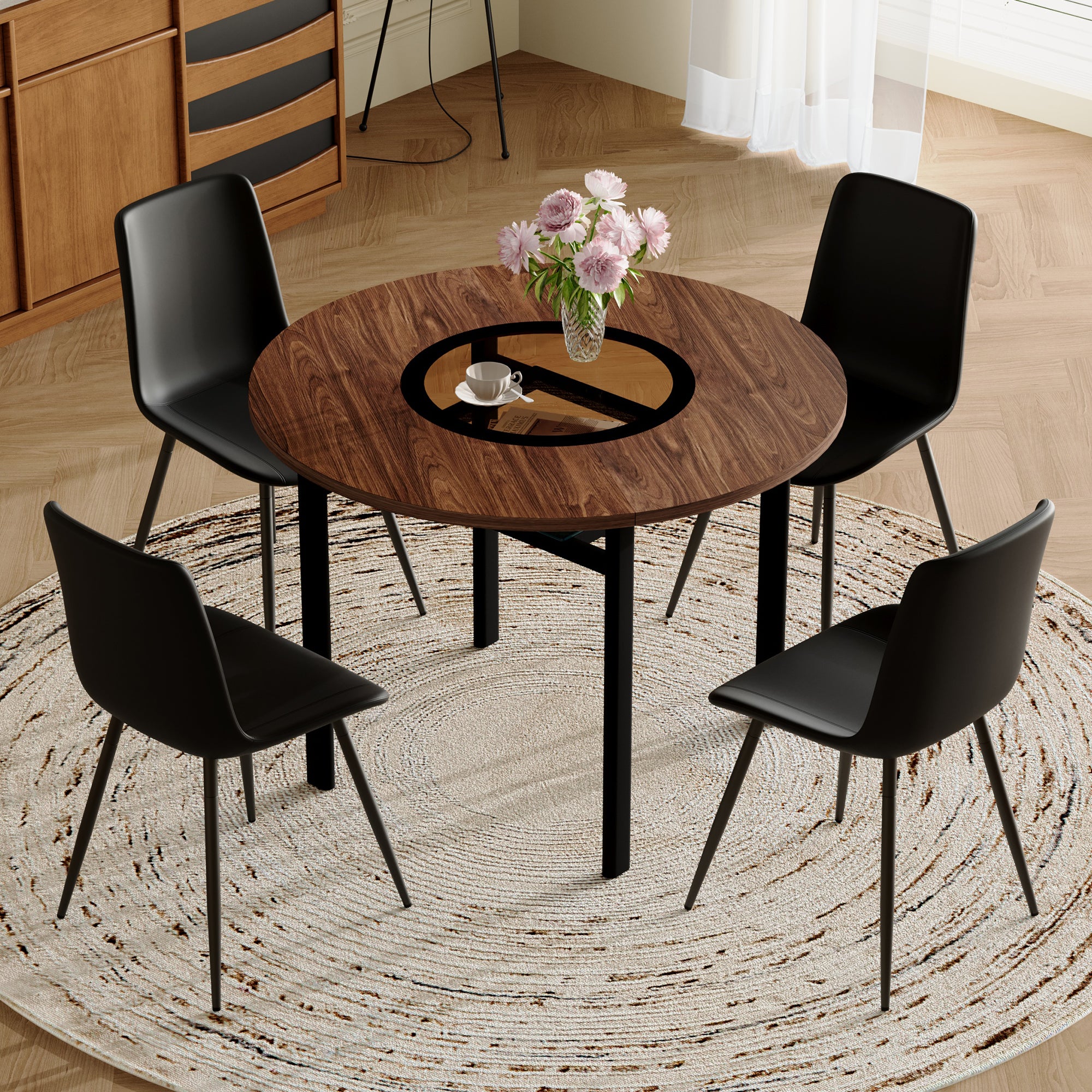 Modern Minimalist Round Table Set, 100cm Diameter, Storage, 4 Chairs, Brown Wood Look/Black PU
