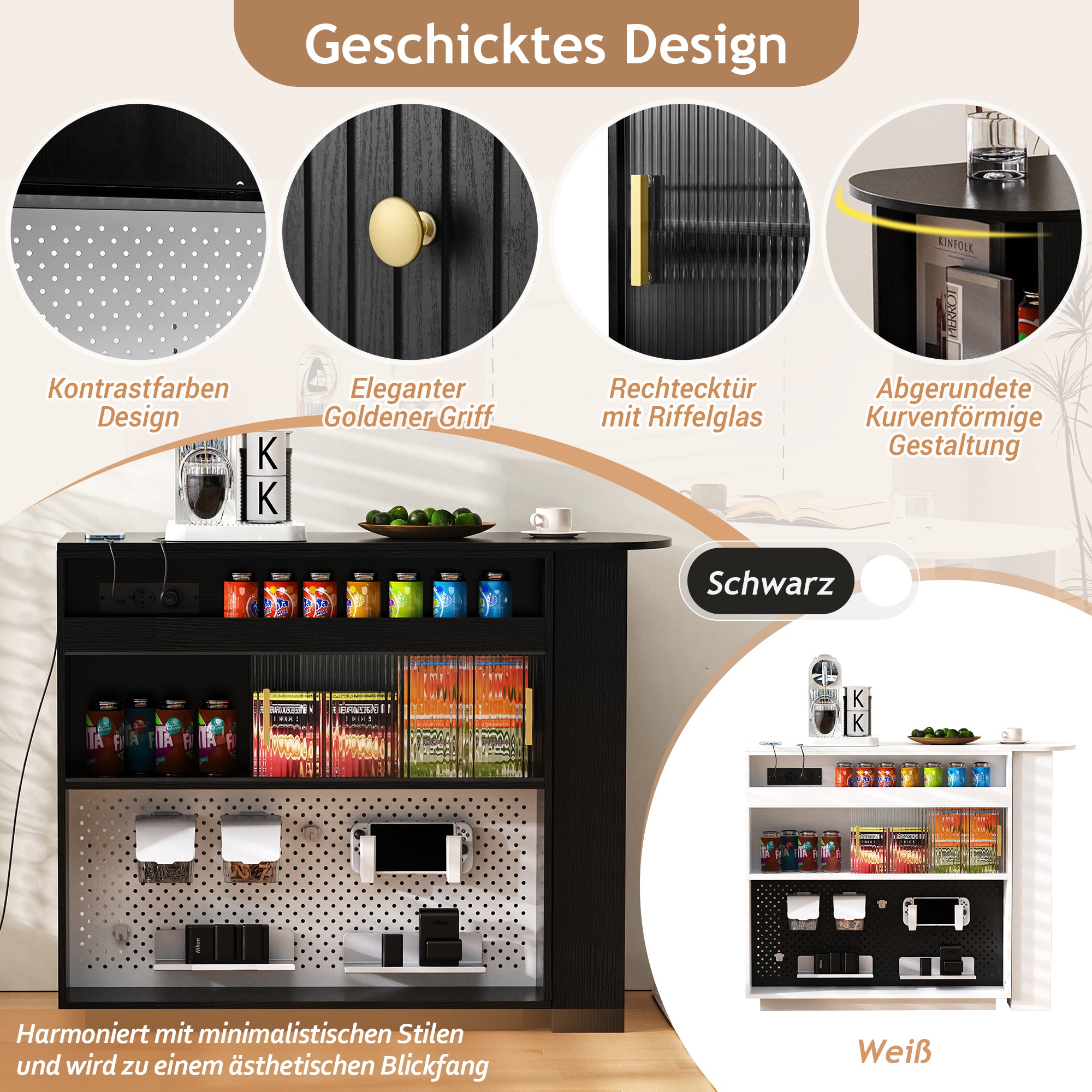 Bar Table Sideboard Extendable 360° Rotating with LED Lighting Sockets Black