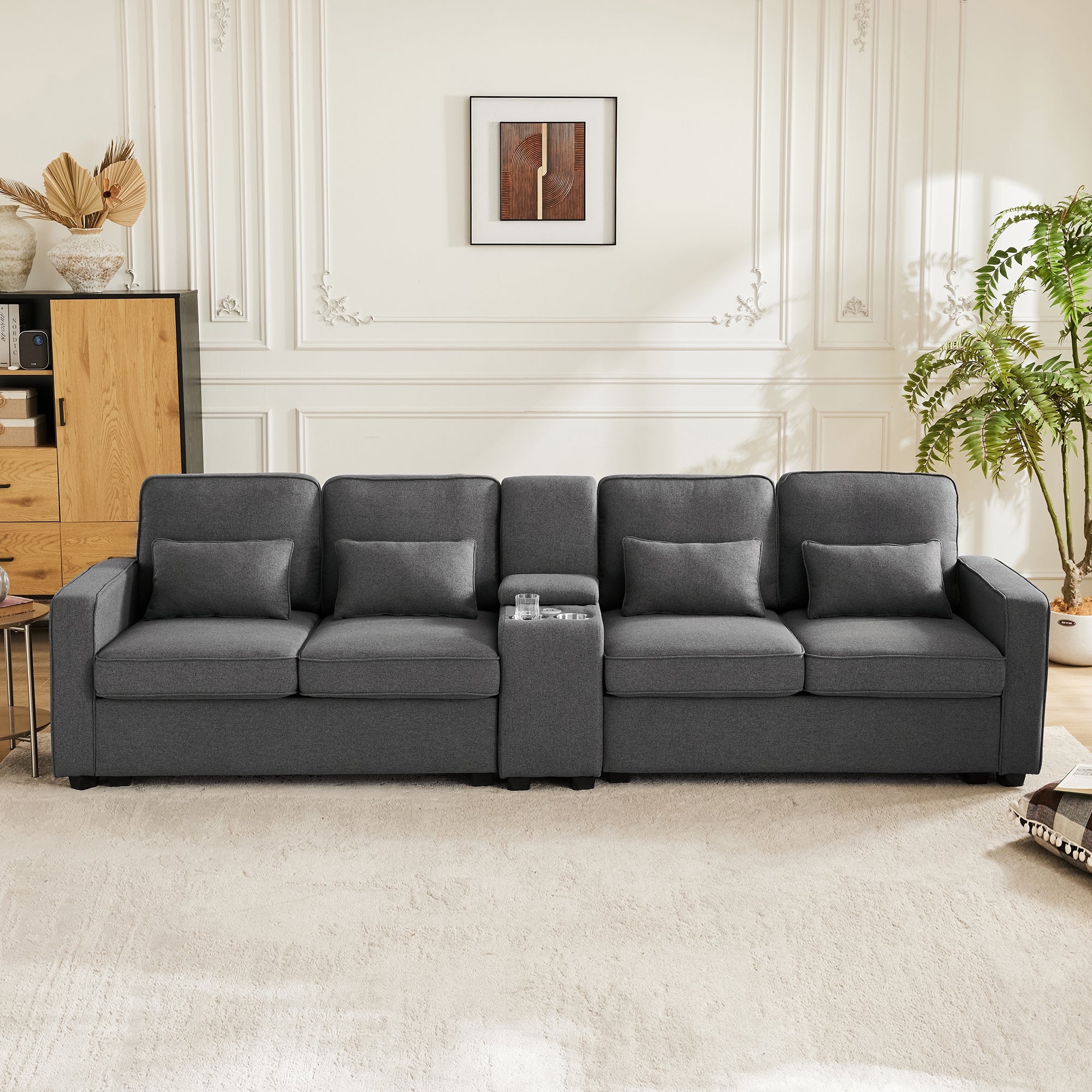 Sofa, Modern 4-Seater with Console, USB, Cupholders, Linen Fabric