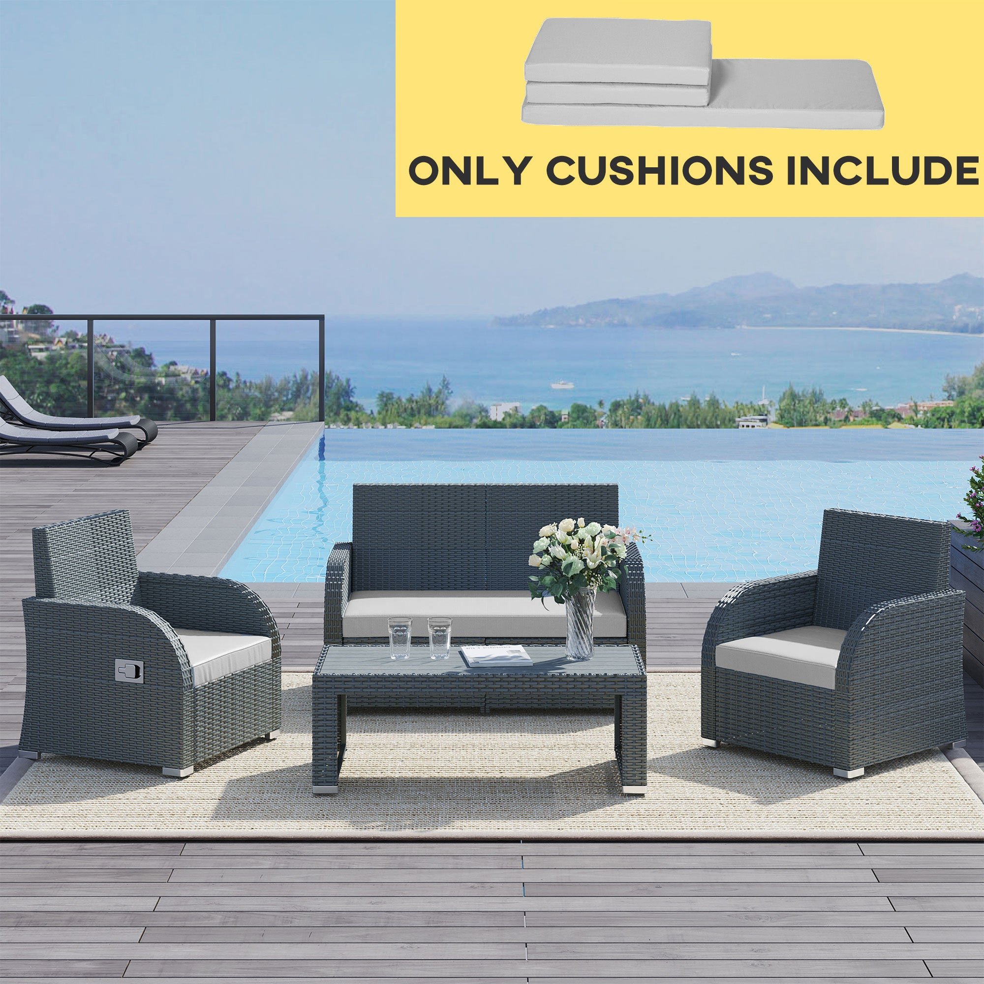Outdoor Seat Cushion 3 PC Set for Rattan Furniture, Grey
