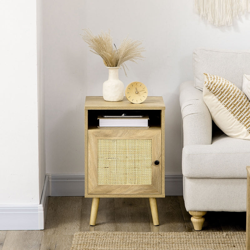 Bedside Table with Shelf and Cupboard, Rattan Element, Natural