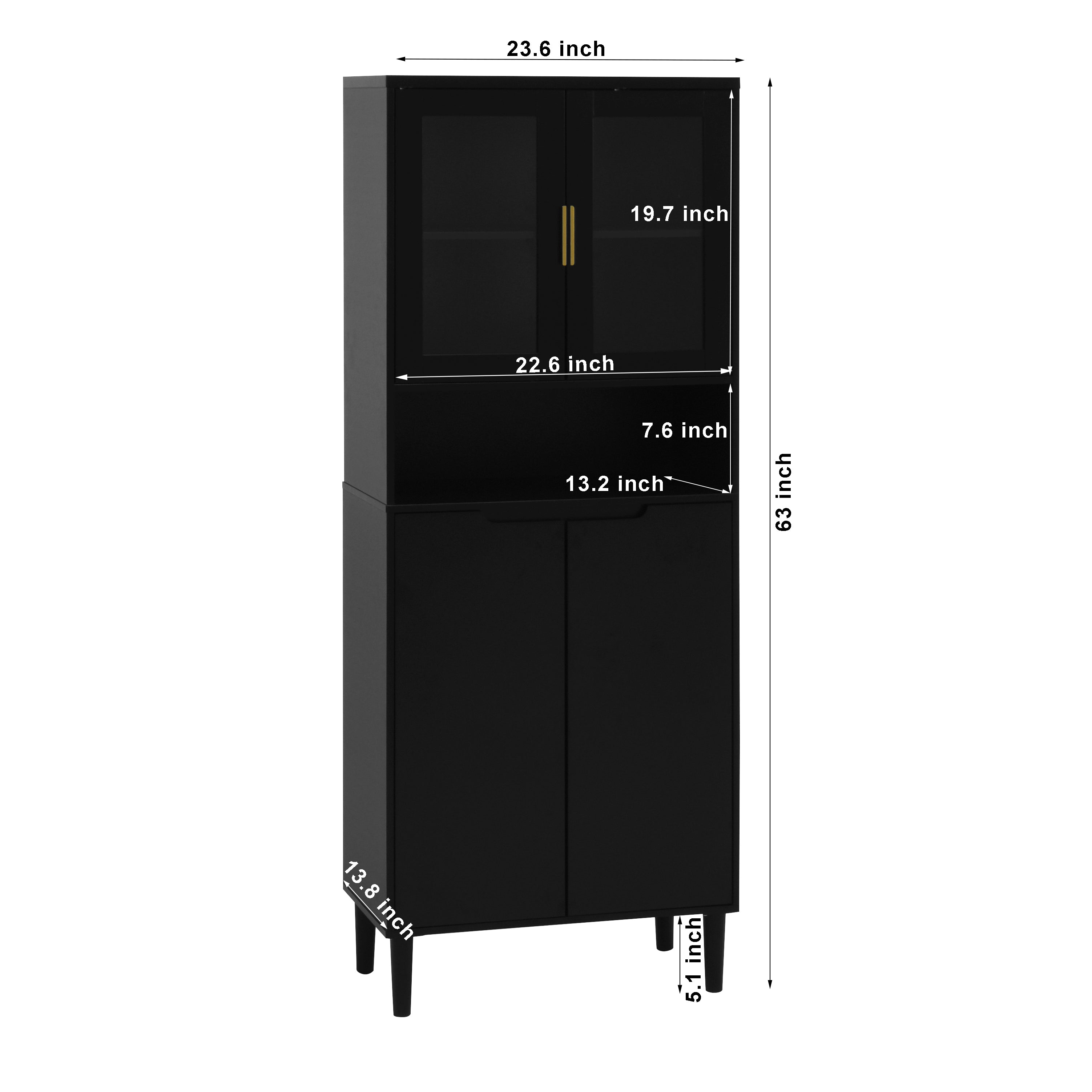 Tall Bookcase 4-Door Storage with Tempered Glass and Adjustable Shelf - Black MDF