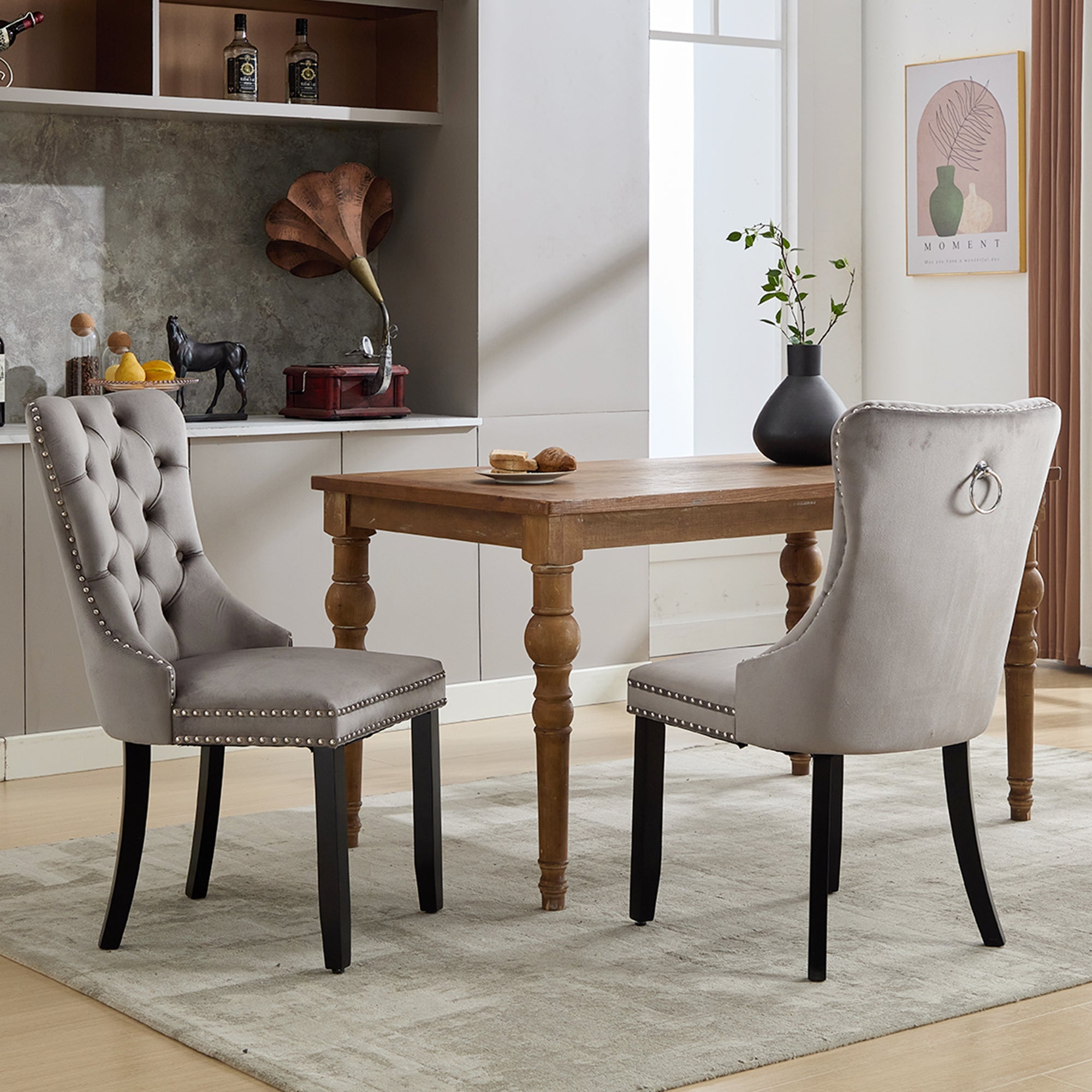 Upholstered Velvet Dining Chairs, Button Tufted with Solid Wood Legs, Riveted Trim & Knocker Ring, Set of 6, Grey