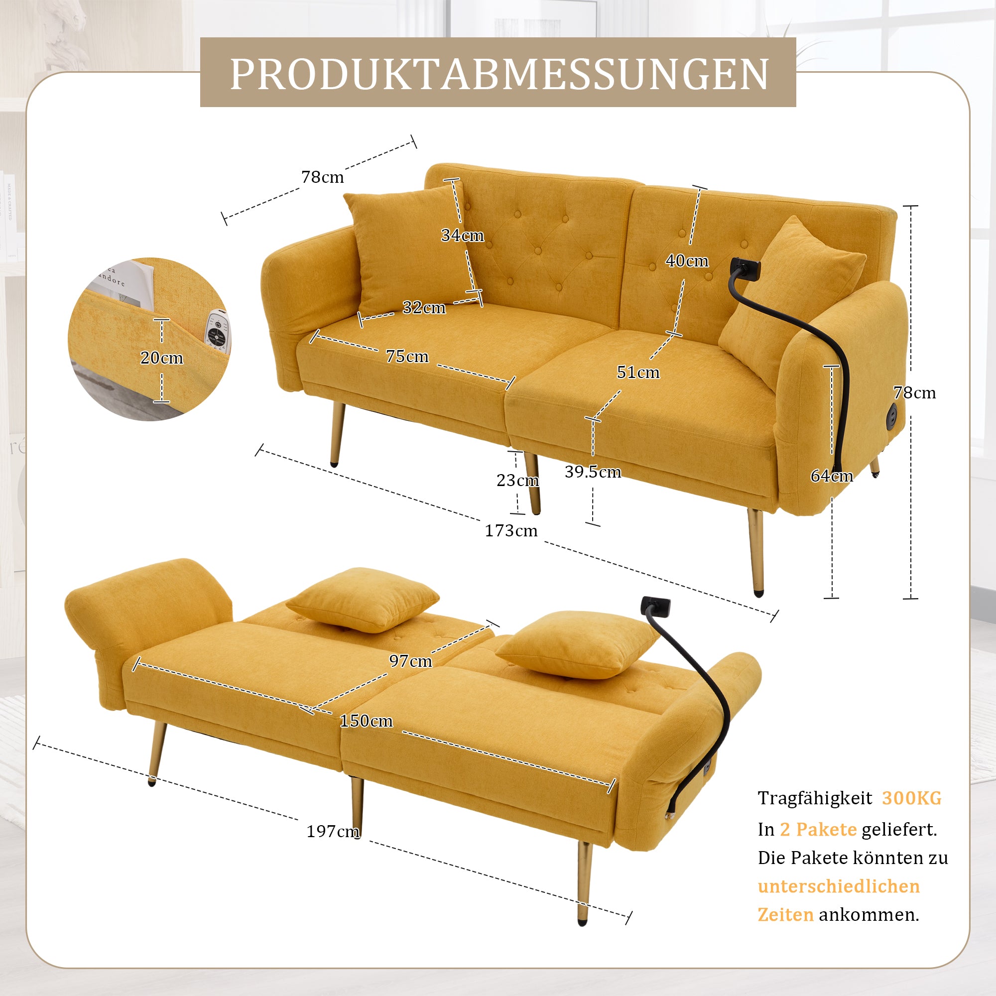 Sofa Bed, Multifunctional Folding with Adjustable Backrest, USB Ports, Side Pocket, Metal Legs