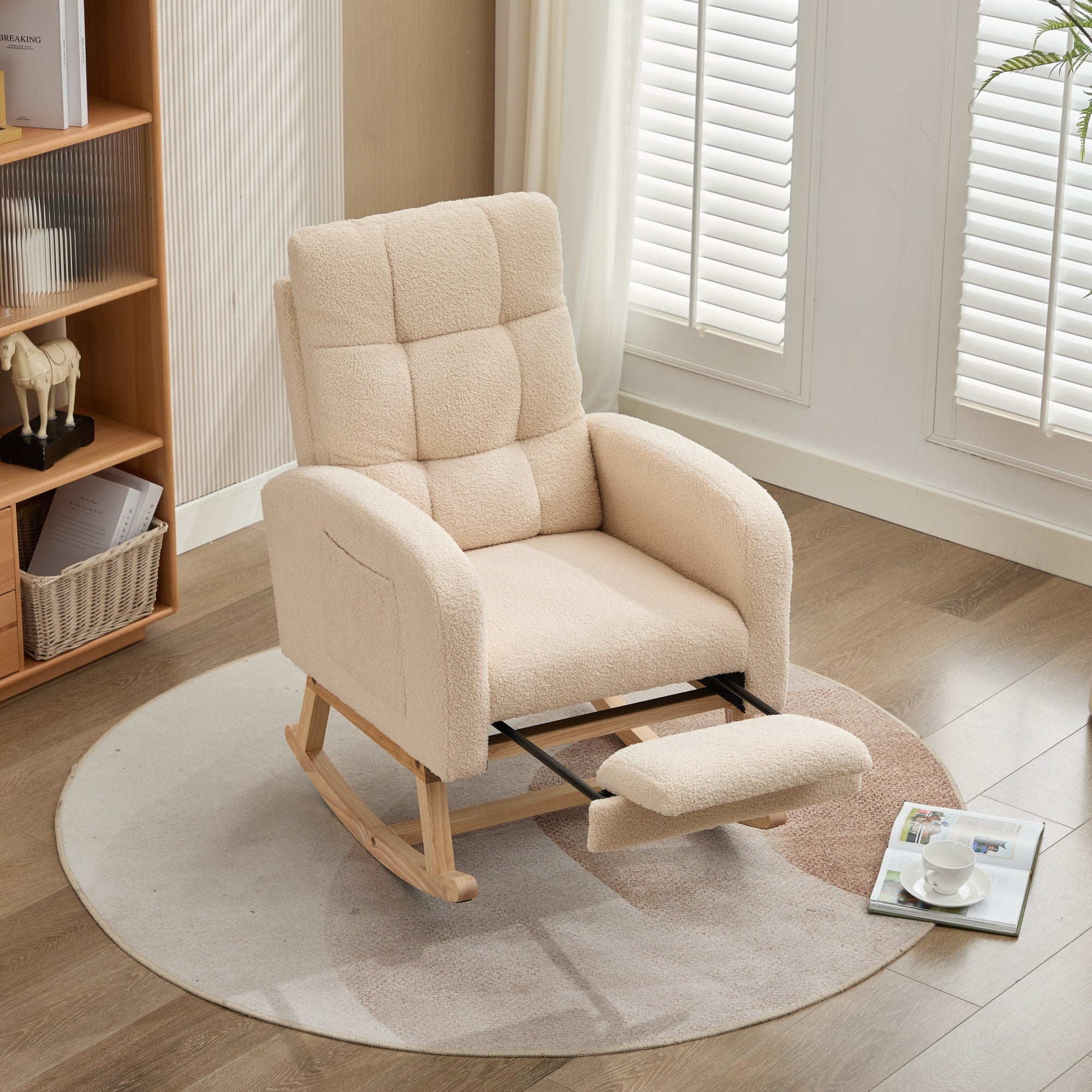 Teddy Velvet Rocking Chair, Solid Wood Frame & High Foam Padding, Beige