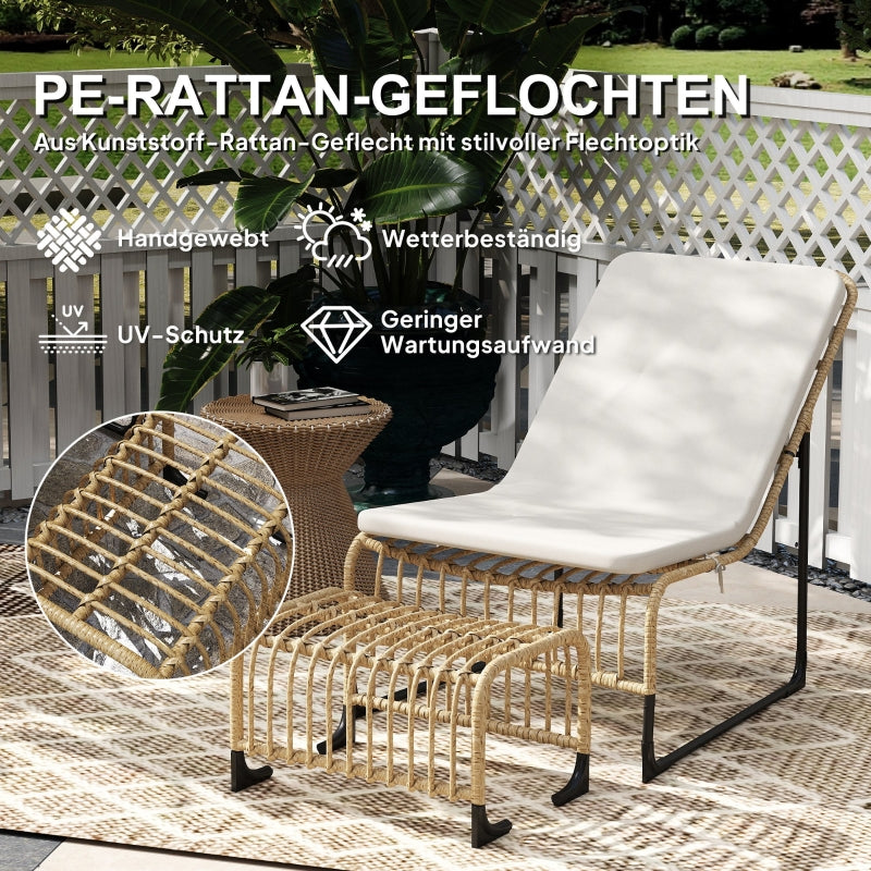 Rattan Relaxing Chair with Footstool, UV-resistant Garden Chair, Natural Wood