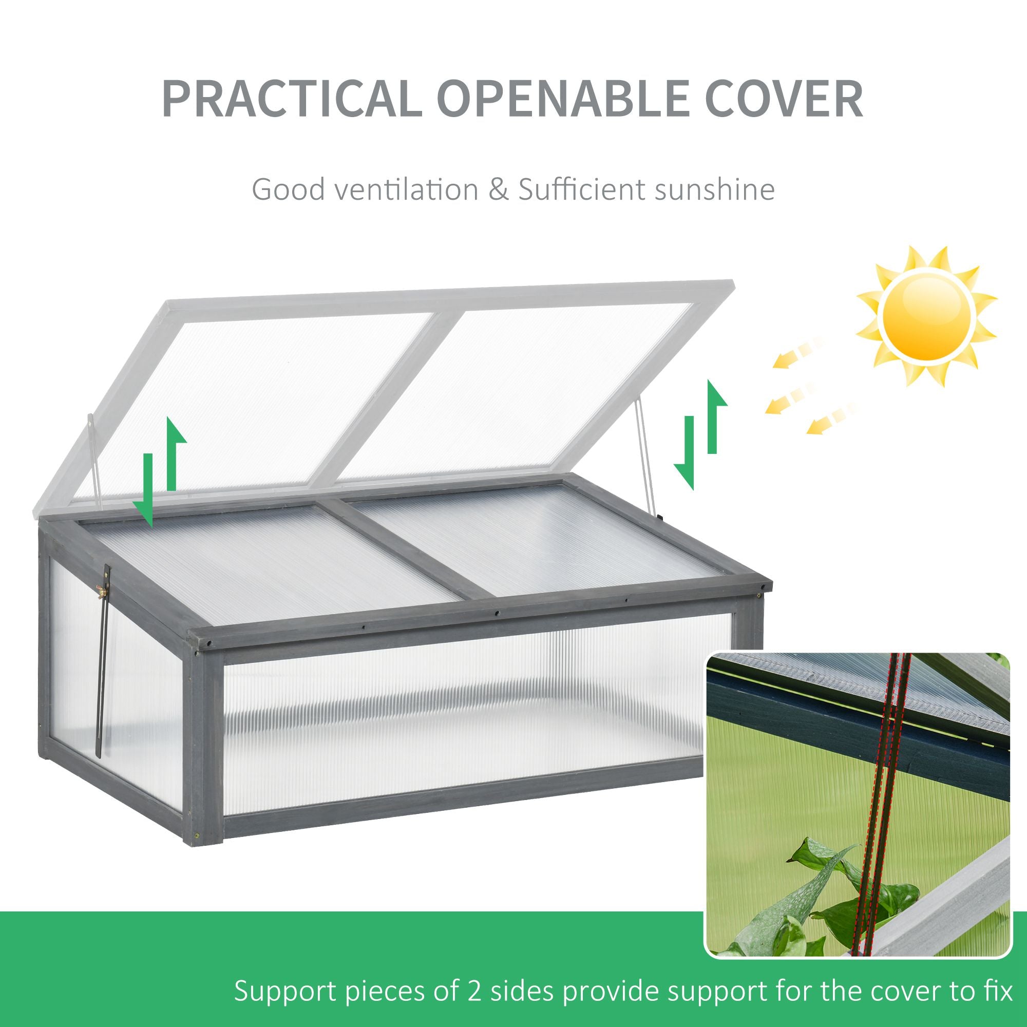 Wooden Cold Frame, Small Greenhouse Polycarbonate Openable Tilted Top, Grey