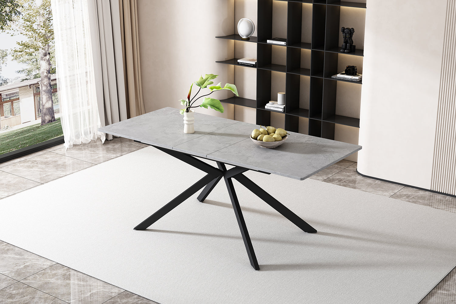 Extendable Dining Table Automatic Rectangular Cross Leg L150/180cm - Cement Pattern Black/Grey