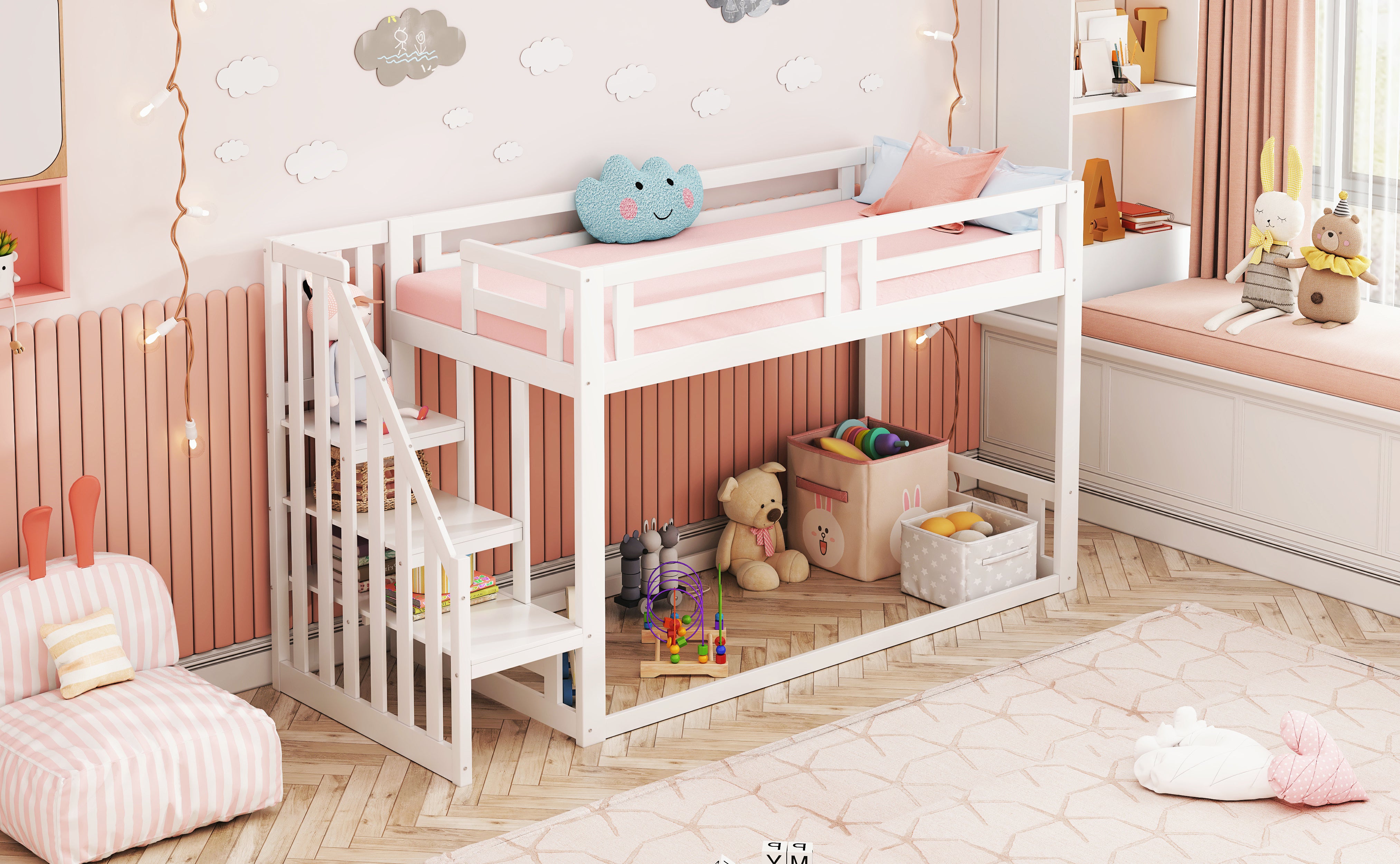 Children's Bed, Low Bunk with Safety Stairs, Solid Wood, White