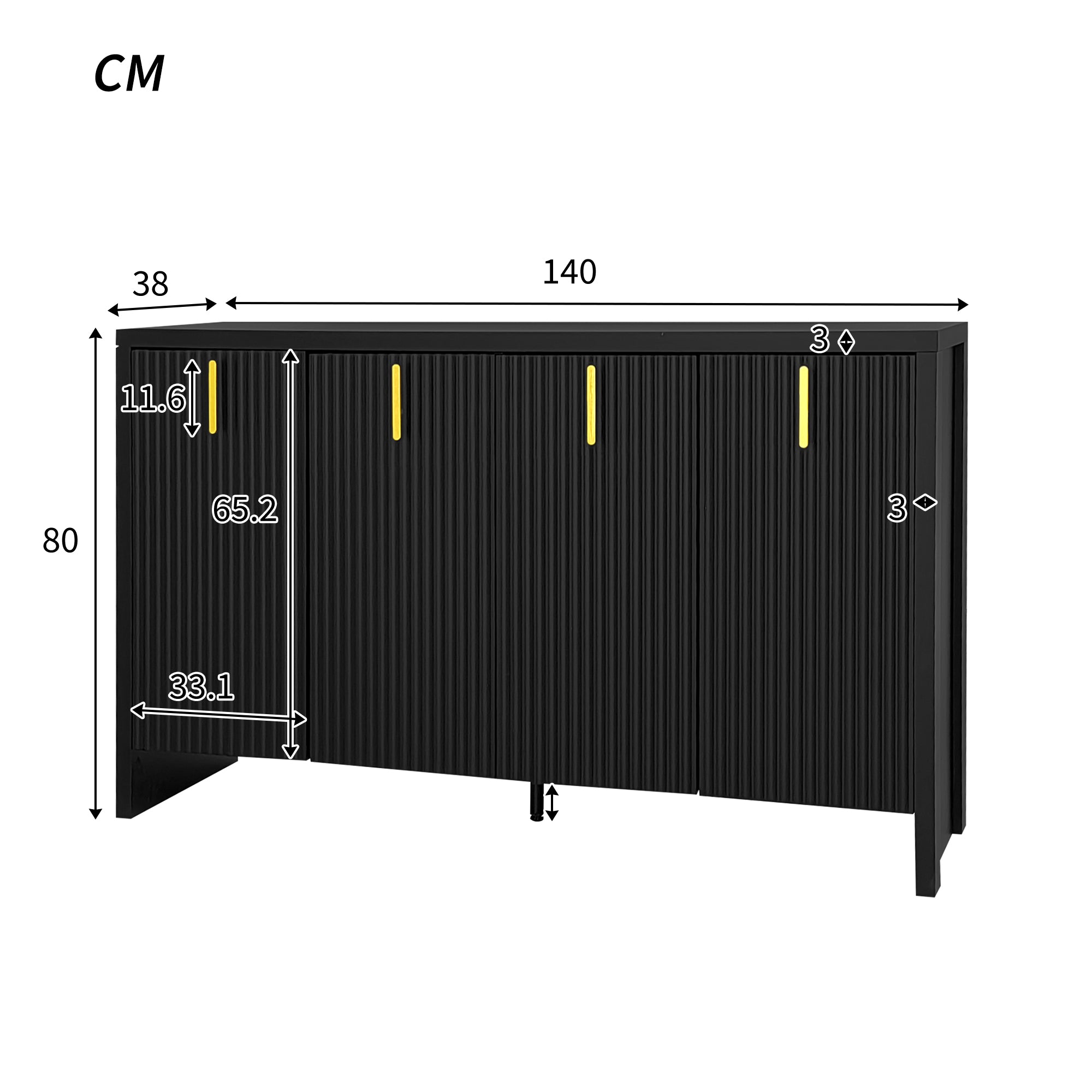 Sideboard, Minimalist with Flexible Storage, Gold Handles & Adjustable Dividers, Black