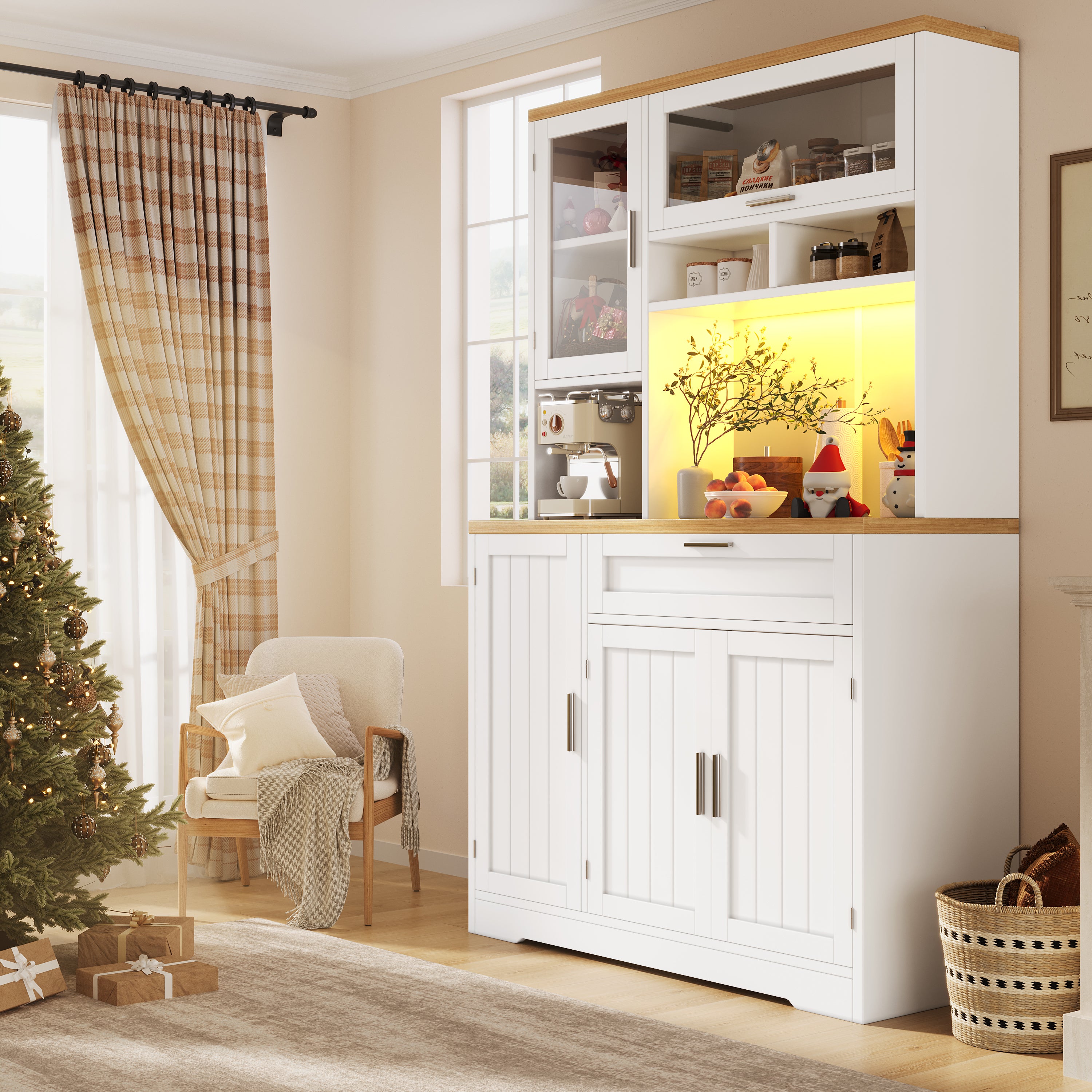 Tall Kitchen Cabinet Display Case with LED Lighting and Glass Doors, White and Black