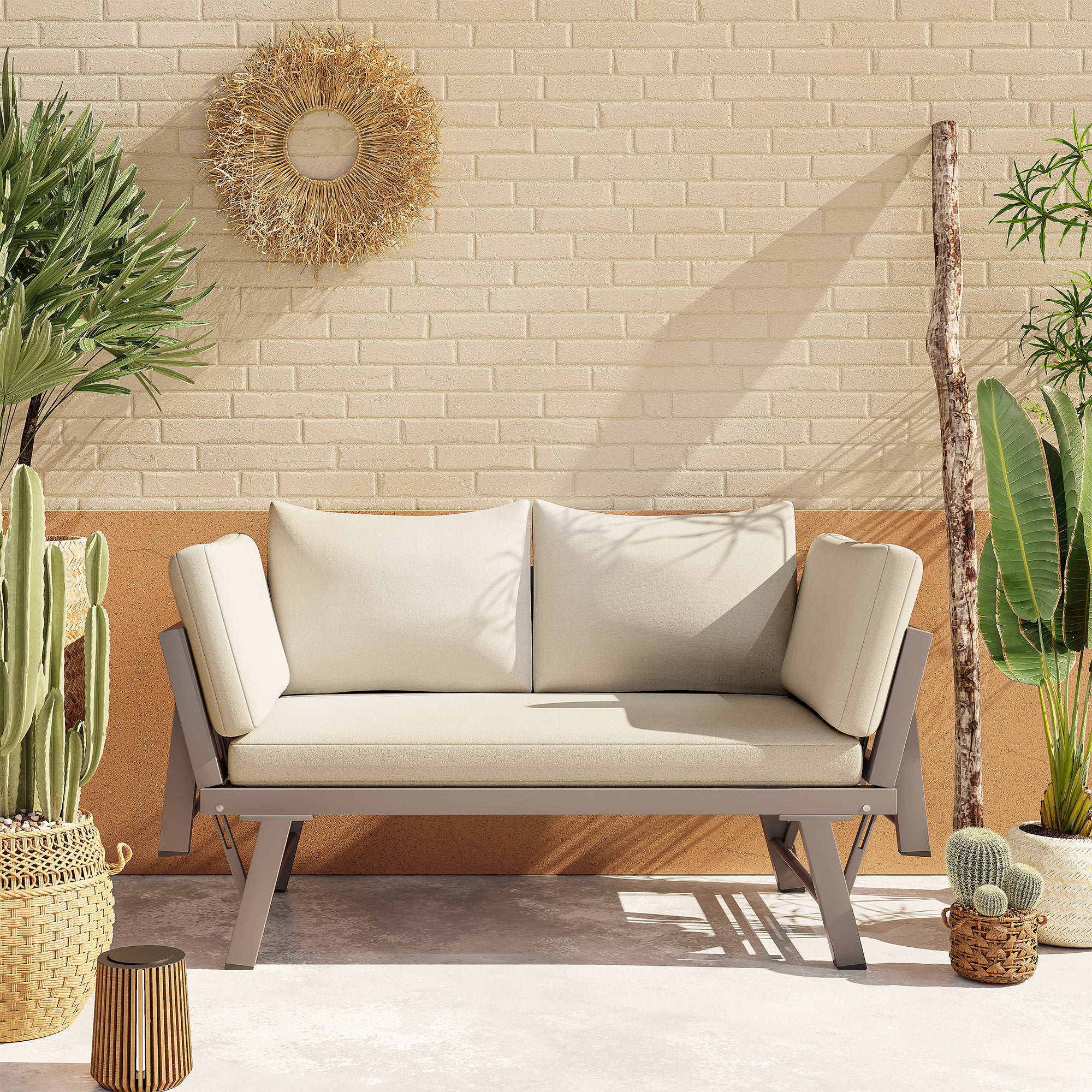 2-Seater Garden Sofa Set with Reclining Function, Sun Lounger, Cushions, and Folding Armrests, Beige PE Rattan