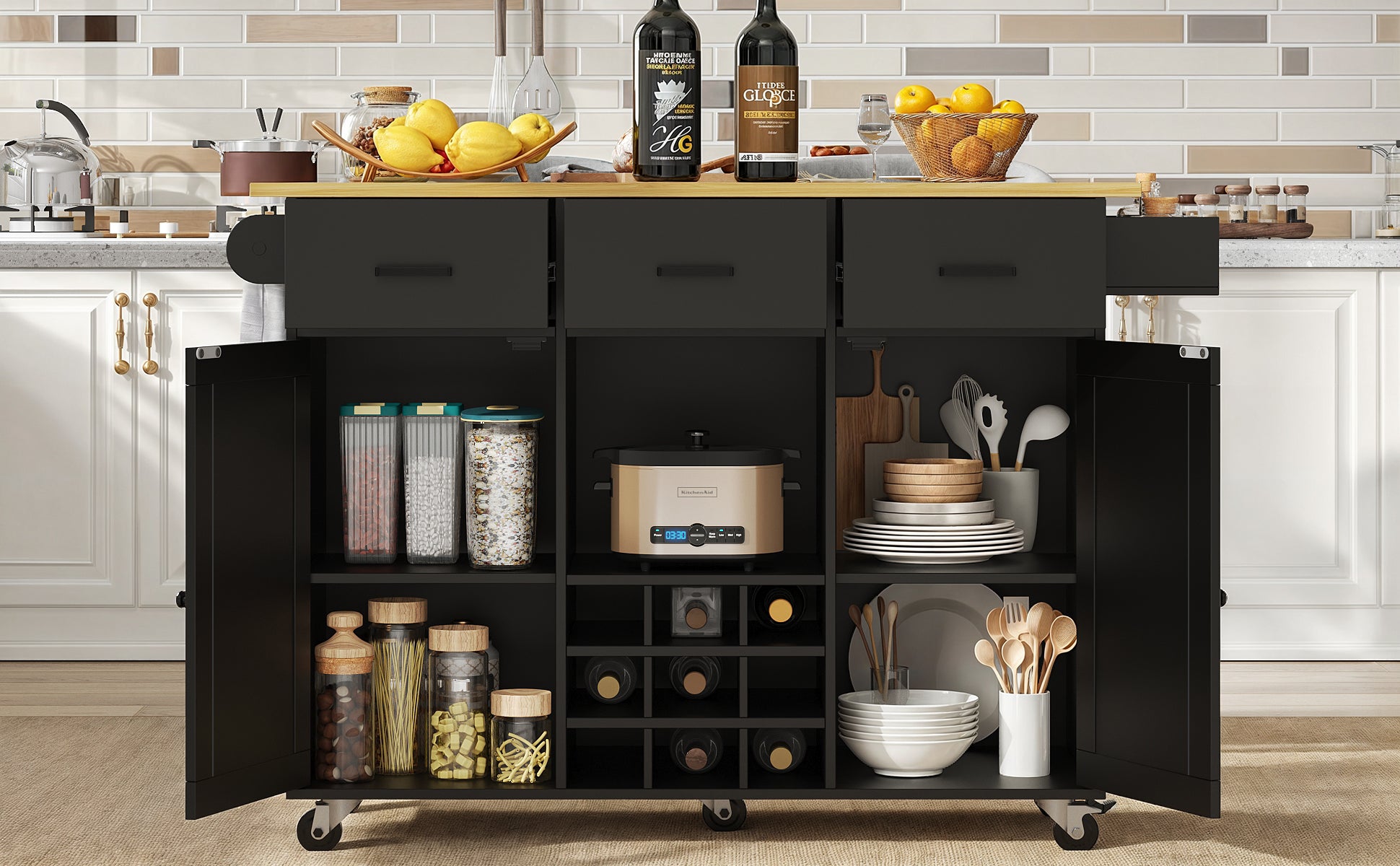 Dining Trolley Mobile Removable Worktop Spice Rack Adjustable Storage - Wood Grain Black