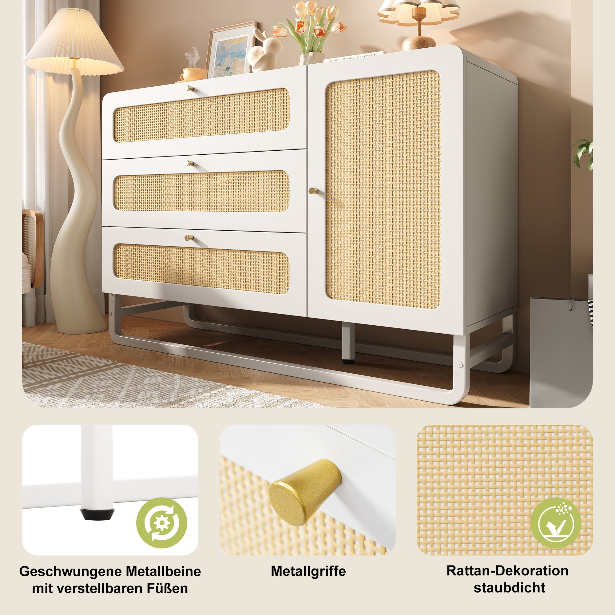 Chest of Drawers with Rattan & Gold Handles, 3 Drawers 1 Door, White Country Style