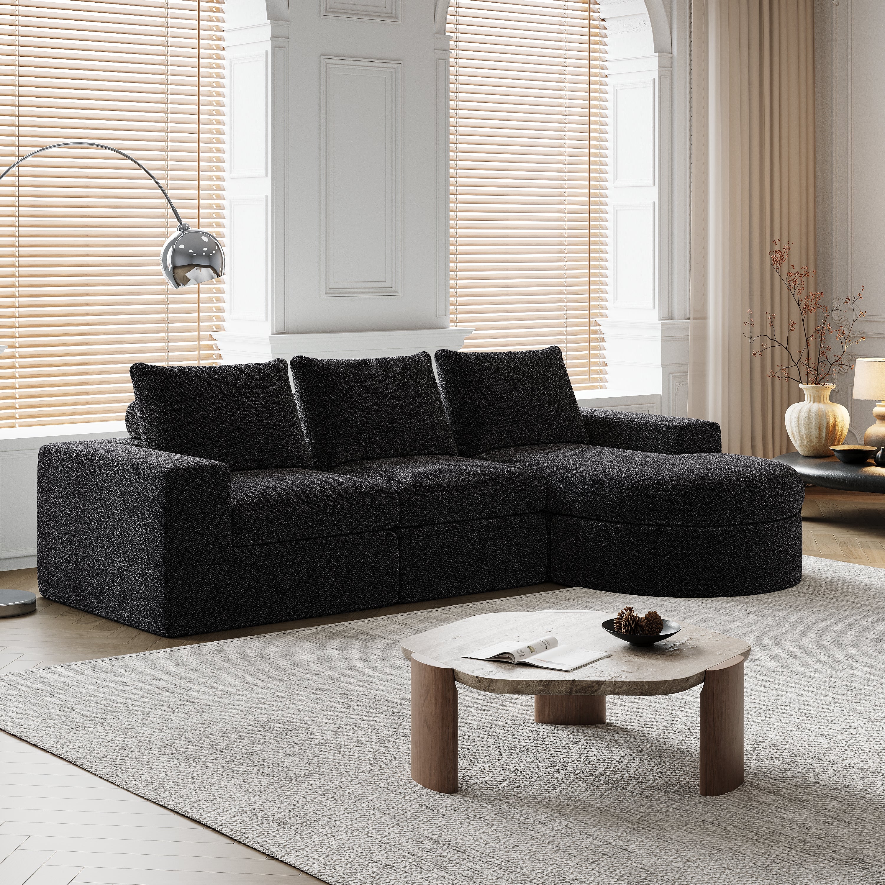 Chenille Sofa, Curved Modular L-Lounger, Foam Compression