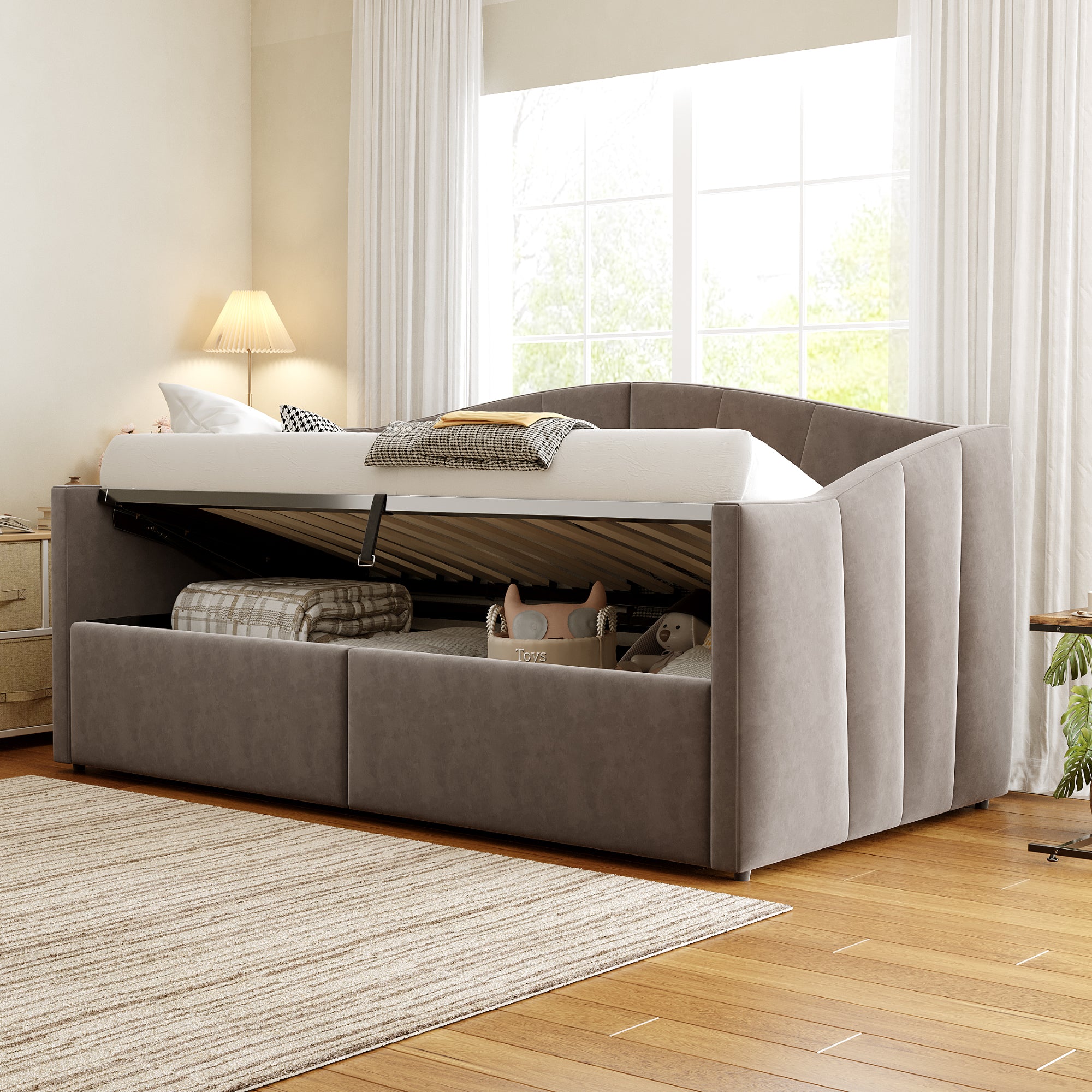 Sofa Bed, Upholstered with Hydraulic Storage, Slatted Frame & Armrests, Striped Velvet, Grey