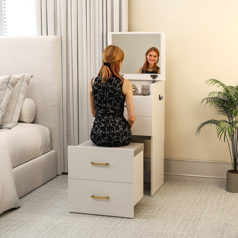 3-in-1 Dressing Table with Mirror, Bedside Table, Rolling Stool, Drawers, White