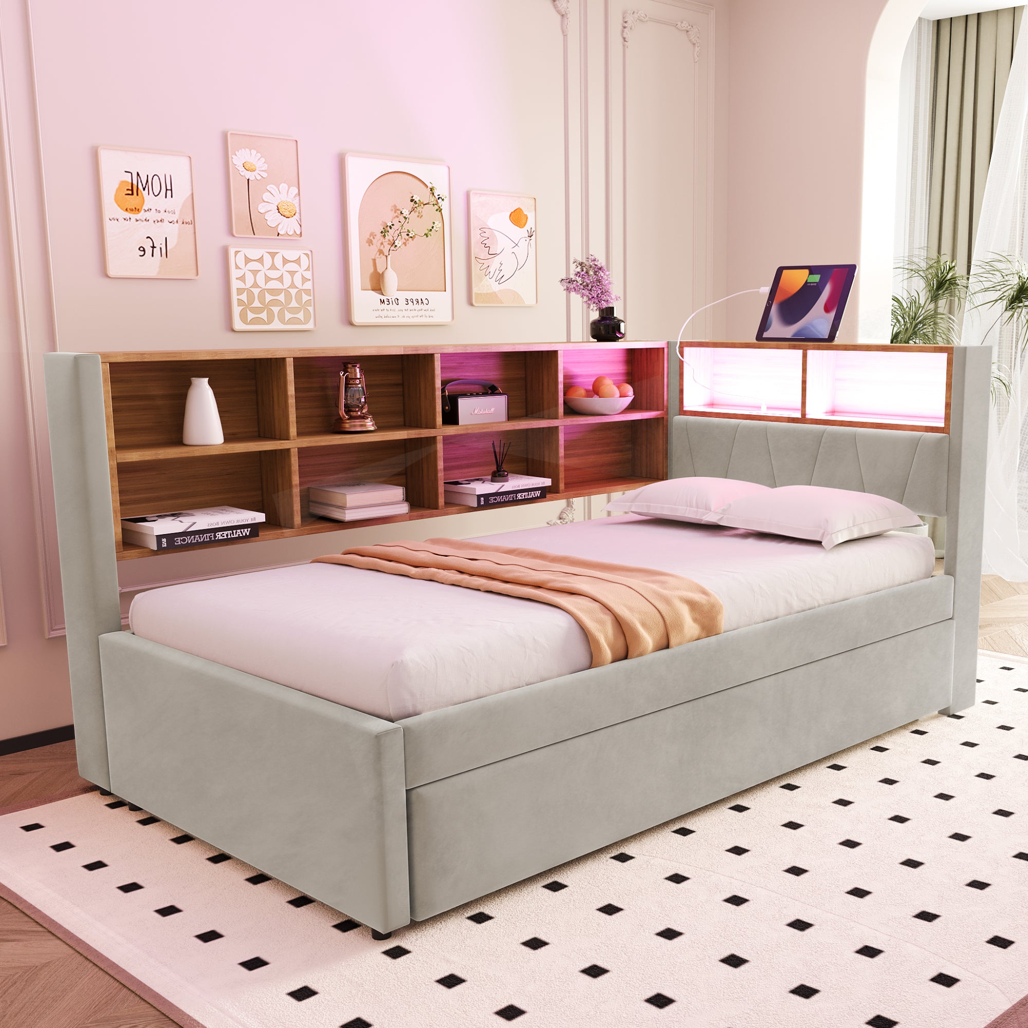 Sofa Bed 90*200, Pull-Out 90*190 with LED Lights, Sockets & Storage, Flannel Light Gray