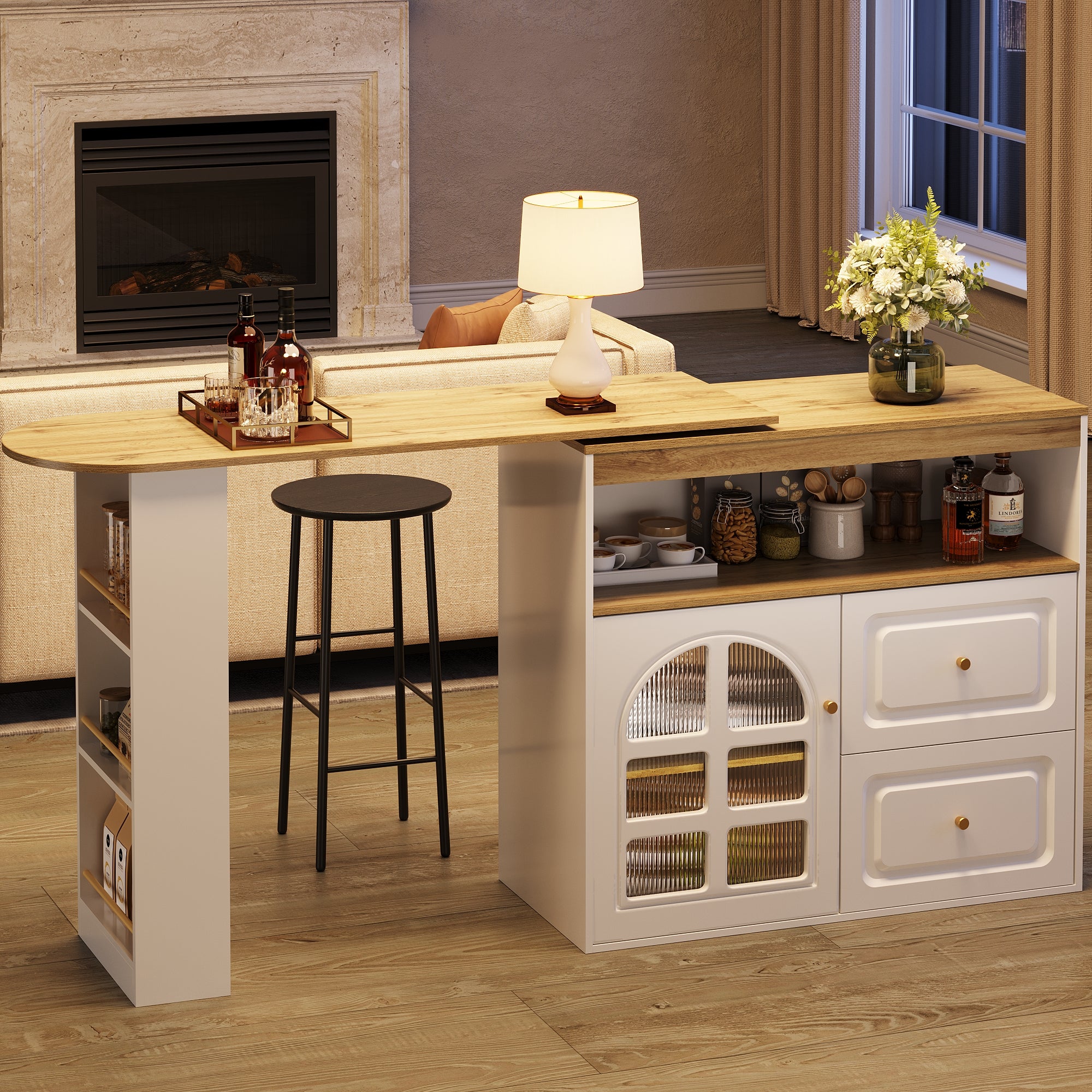 Rotating Dining Bar Sideboard 360° Swivel with 2 Drawers Snack Shelf Curved Glass White