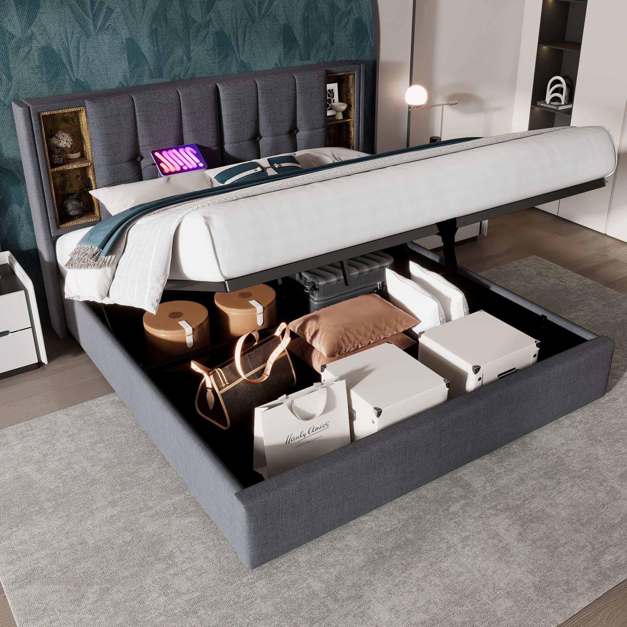 Upholstered Bed King Size 150 x 200 cm, Hydraulic Storage with Wireless Charging, Linen Fabric, Grey
