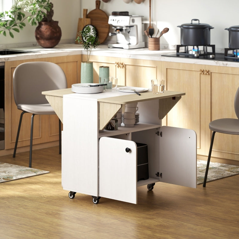 Folding Table with Rolling Cabinet, Two Folding Sides, 4 Casters, White + Natural Wood