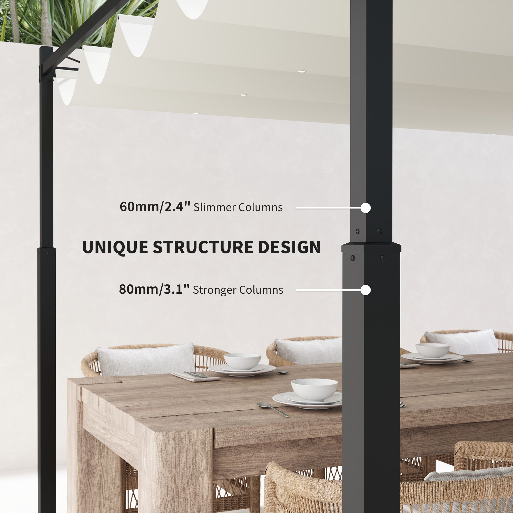 Metal Pergola with Retractable Roof, UPF30+, 80mm Column, Cream White