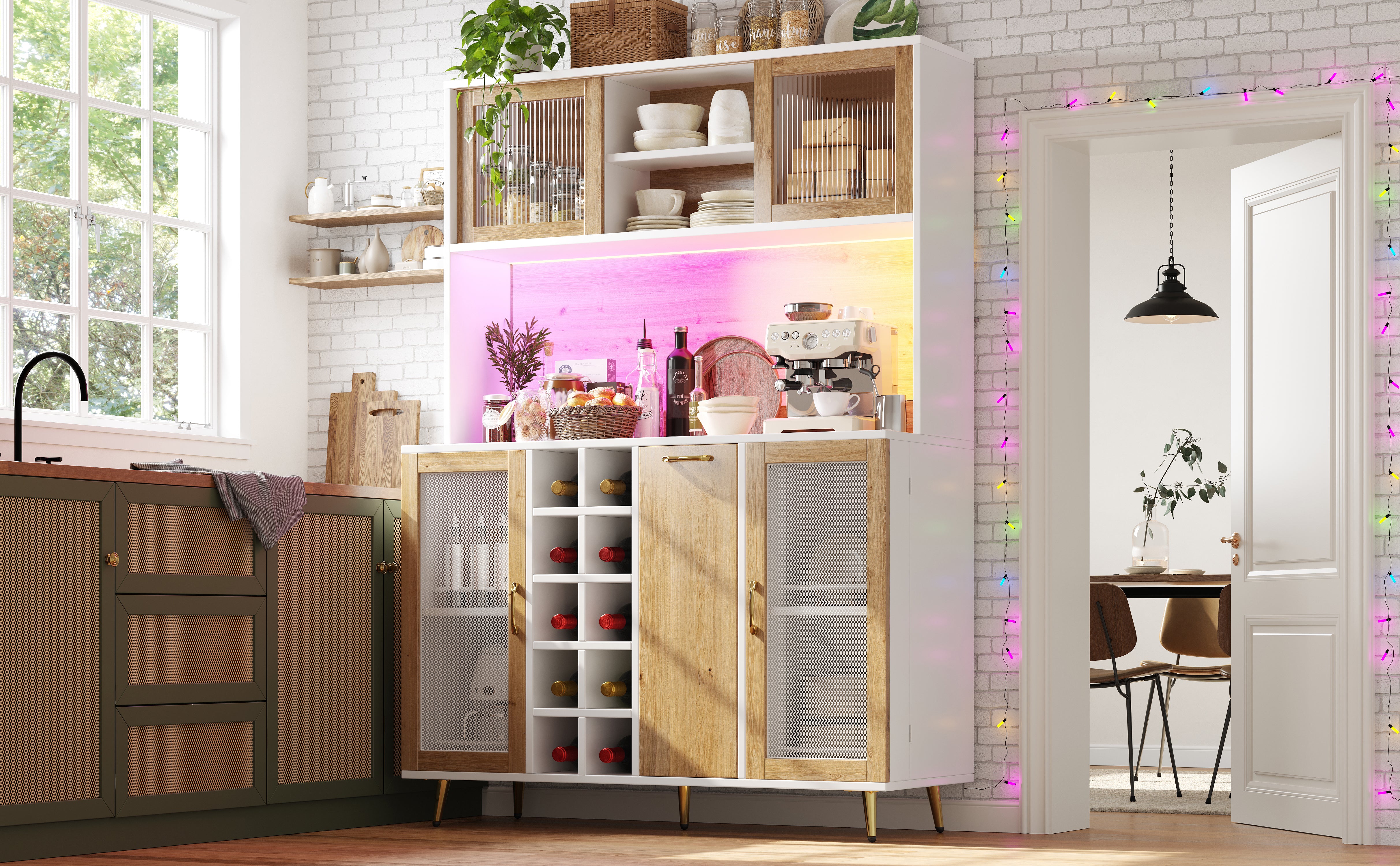 Buffet Sideboard Cabinet with LED Lighting, Wine Rack and Integrated Socket, White and Wood Look