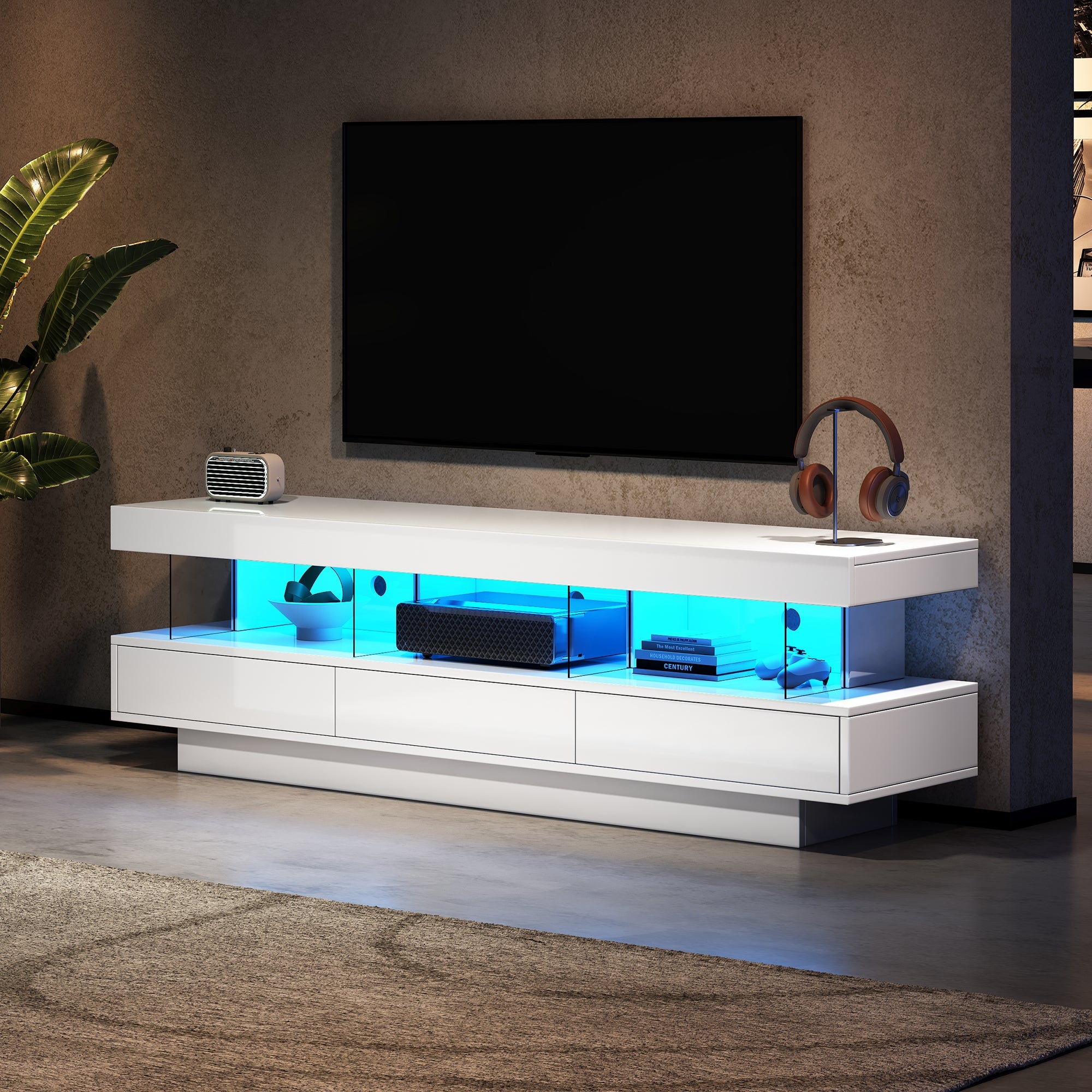 TV Stand Cabinet with LED Lights, 160CM High Gloss, 3 Drawers, 3 Open Storage Space, White
