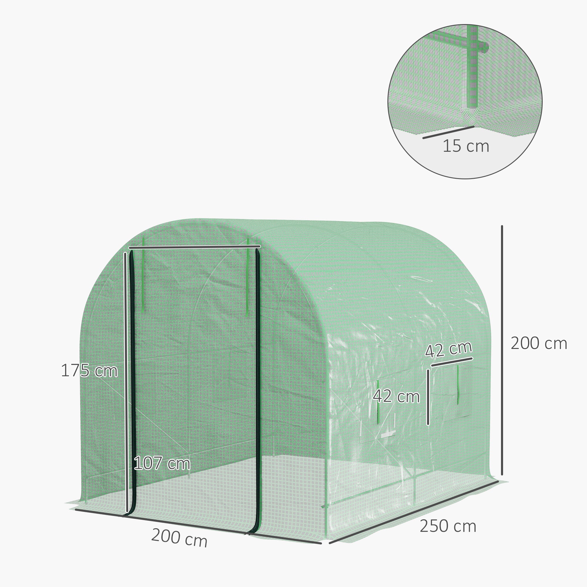 Walk-In Garden Polytunnel Greenhouse Roll-Up Door 4 Windows 2.5 x 2m Steel PE Green