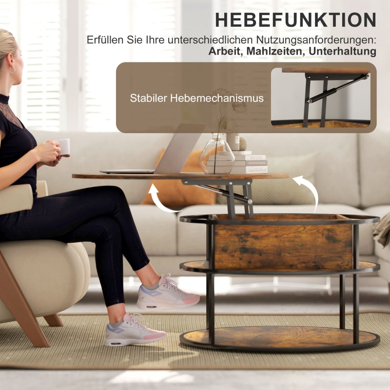 Round coffee table, height adjustable, with shelf and storage, brown