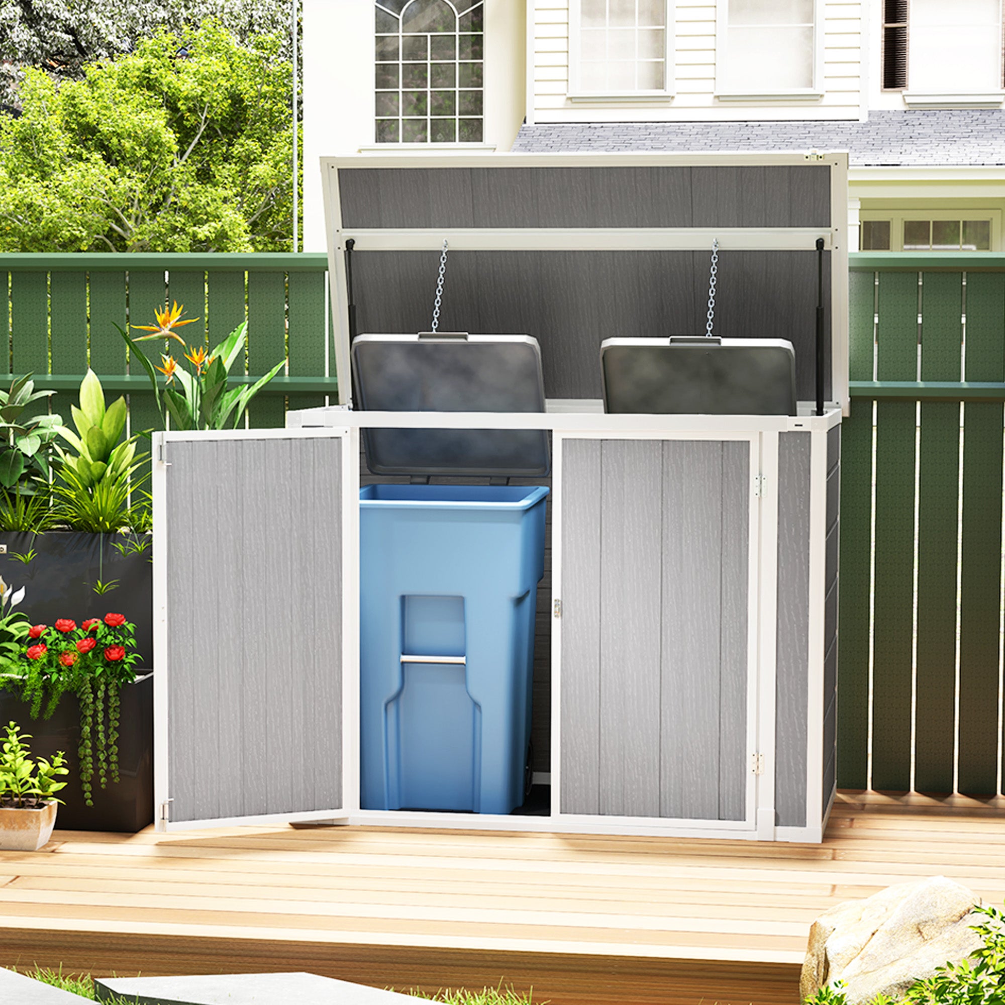 Garden Shed Double Bin Storage Lockable Doors Openable Lid Grey