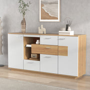 Sideboard Cabinet, 160x40x77cm, LED Lighting, 2 Doors, 4 Drawers, Glass Shelf, White Wood Look