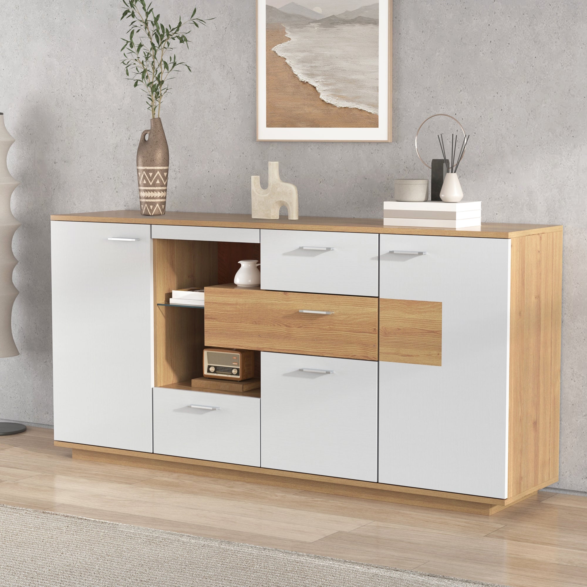 Sideboard Cabinet, 160x40x77cm, LED Lighting, 2 Doors, 4 Drawers, Glass Shelf, White Wood Look