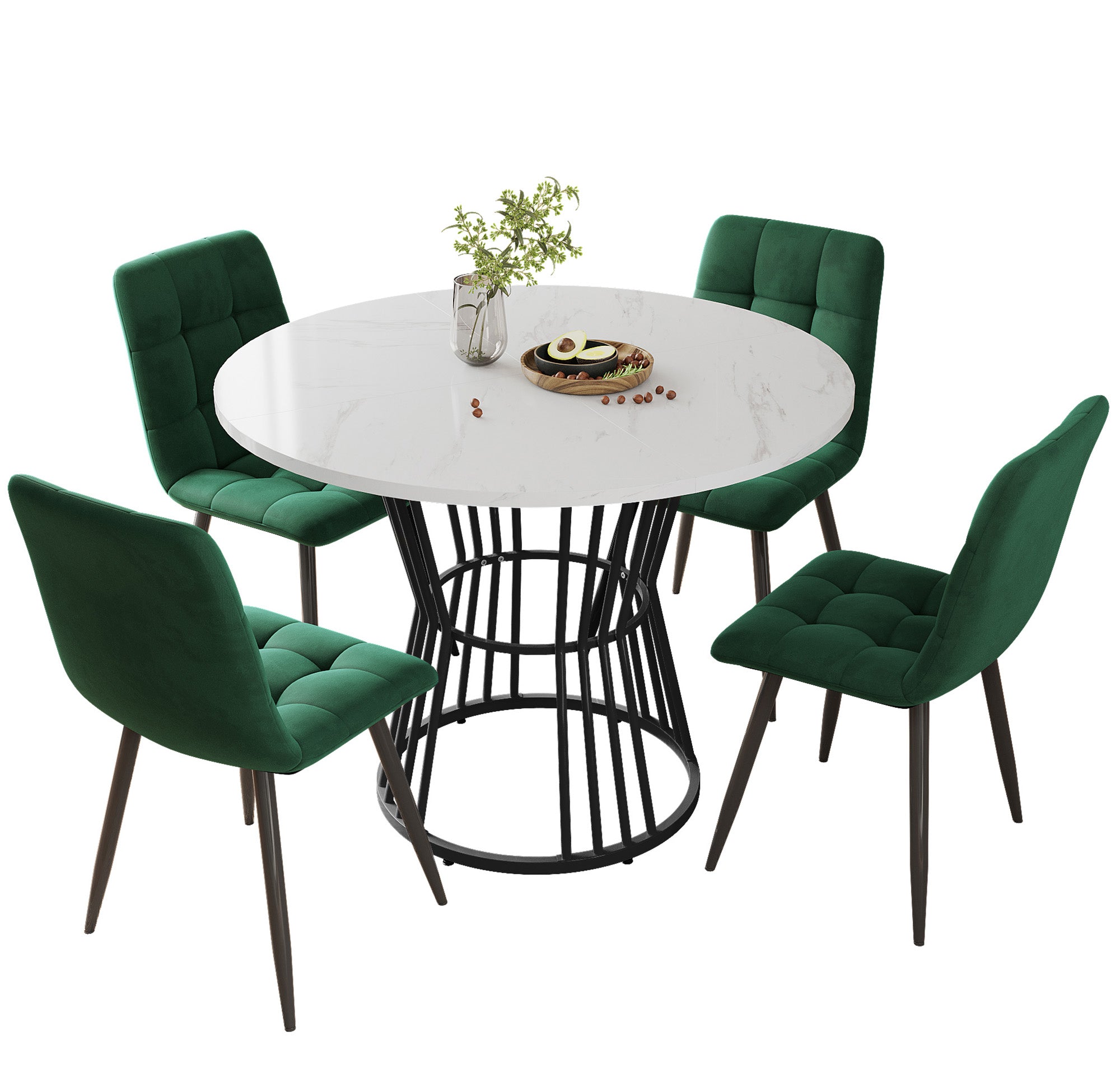 Dining Table Set, 5-Piece Round with 4 Chairs, White MDF & Green Velvet