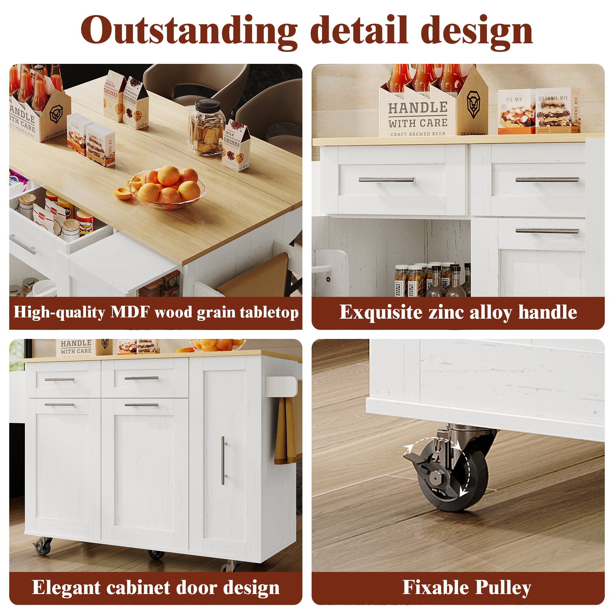 Dining Cart Kitchen Island - Multifunctional Extendable Table Storage - White Wood Grain