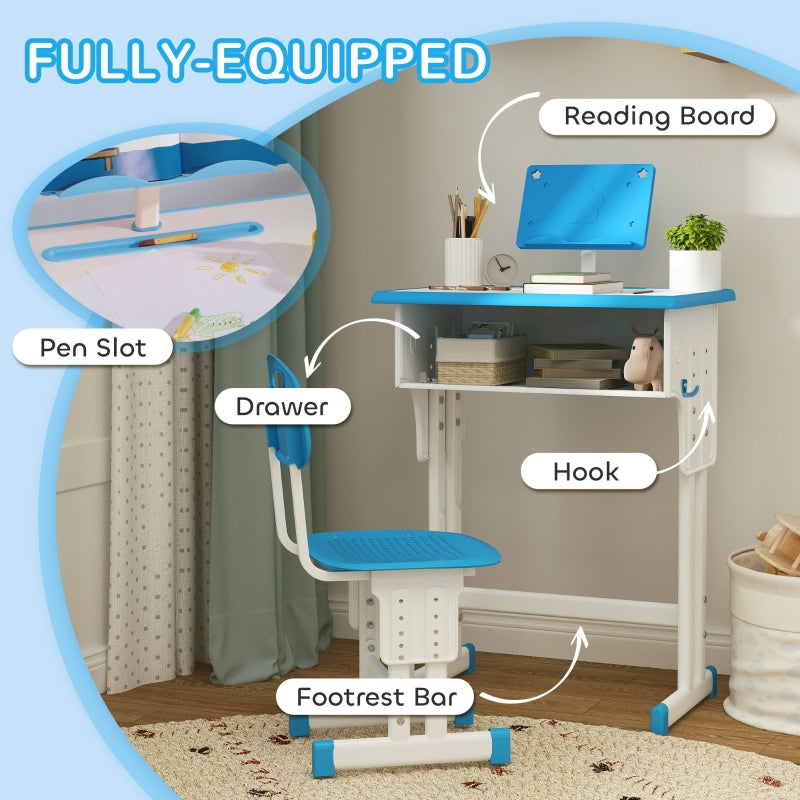 Kids Adjustable Desk and Chair Set with Book Stand and Pen Slot - Blue