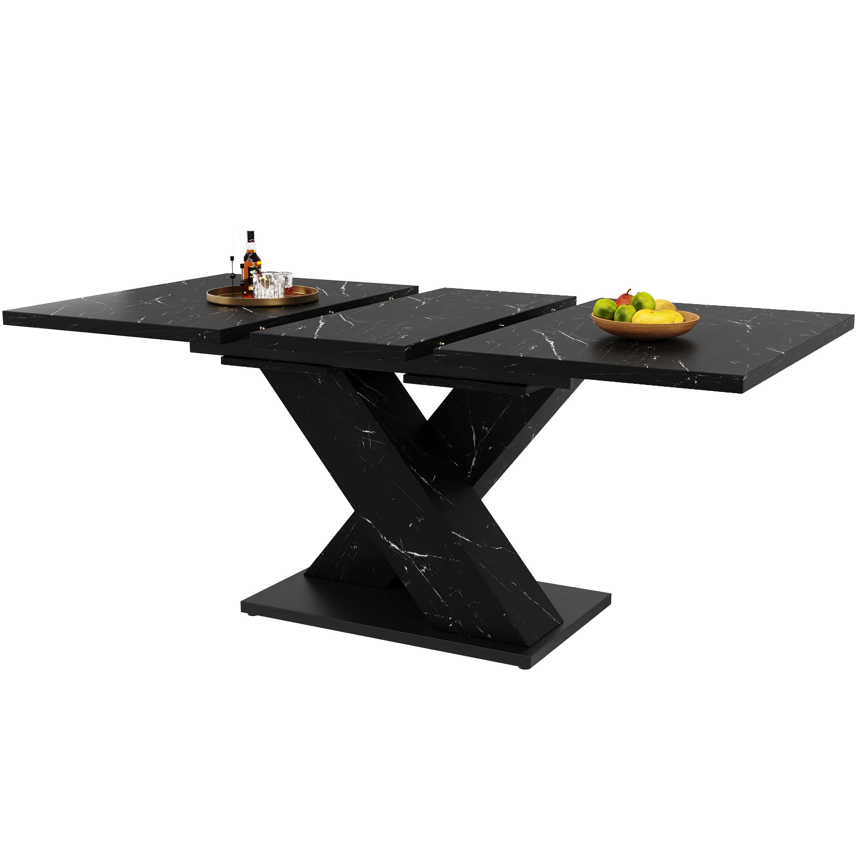 Extendable Dining Table with X-Design for 4-6 People, Black Marble Look