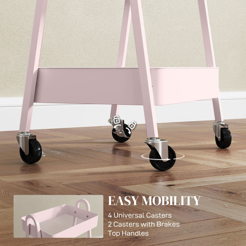 Three-Tier Storage Trolley, Metal Frame Mesh Shelves, Pink