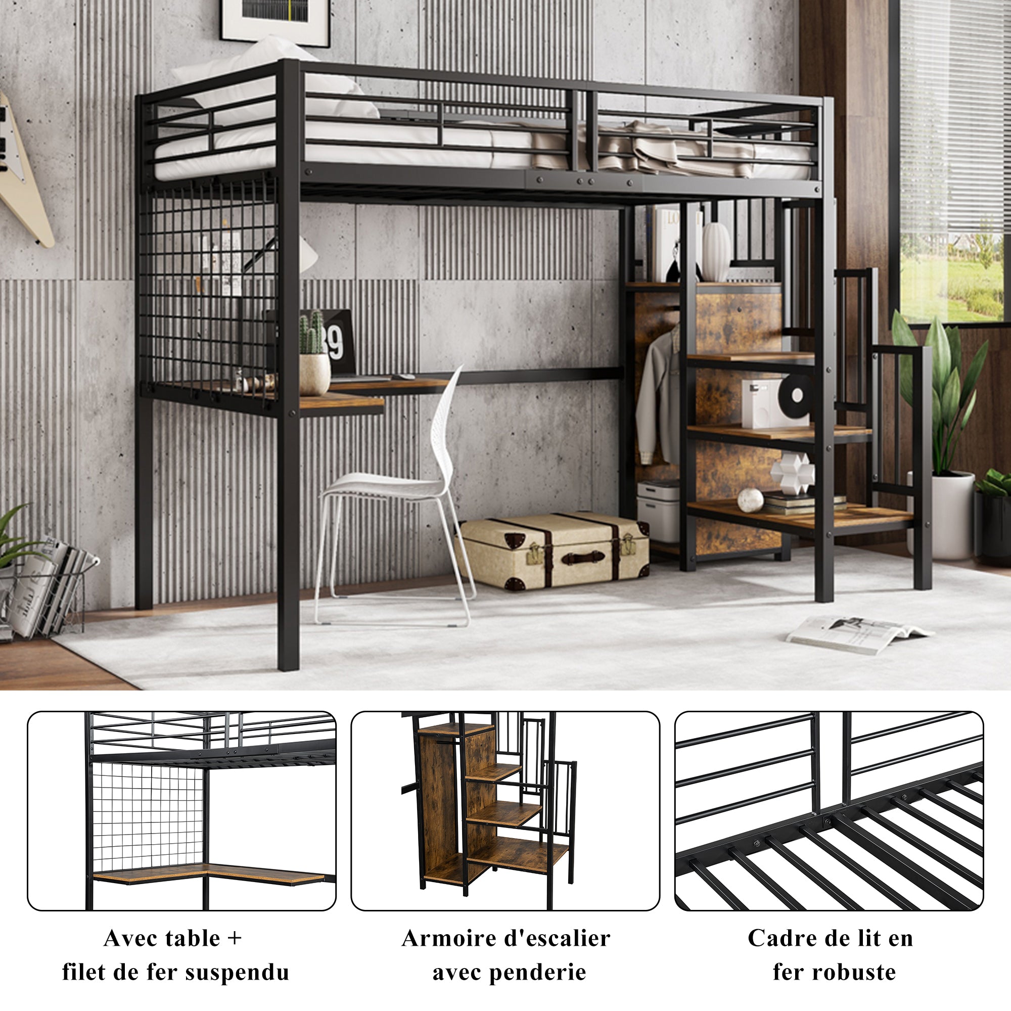 Iron Bunk Bed, Loft Bed with Table & Wardrobe, 90x200cm, Black Iron & Dark Wood