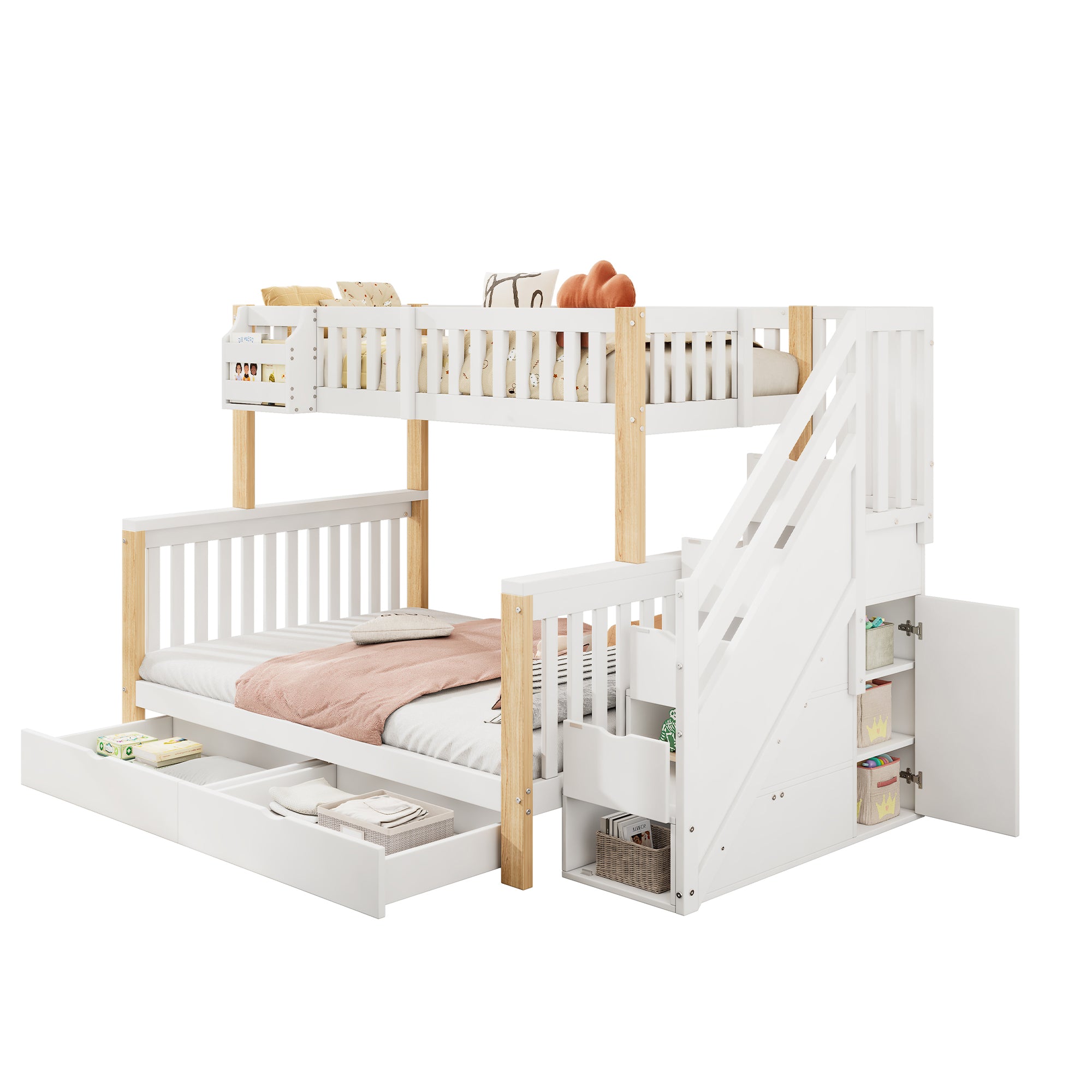 Children's Bunk Bed, Multifunctional Double Bed with Storage, White + Natural Color