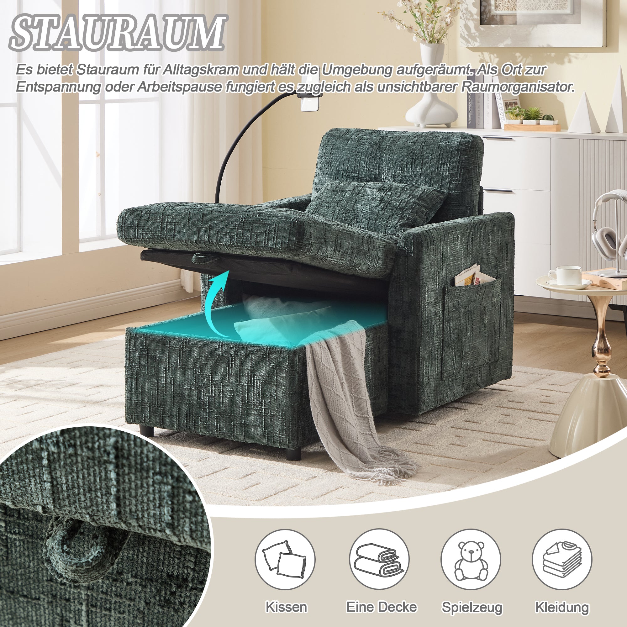 Multifunctional Lazy Sofa, Stowable Backrest with Phone Holder, Chenille