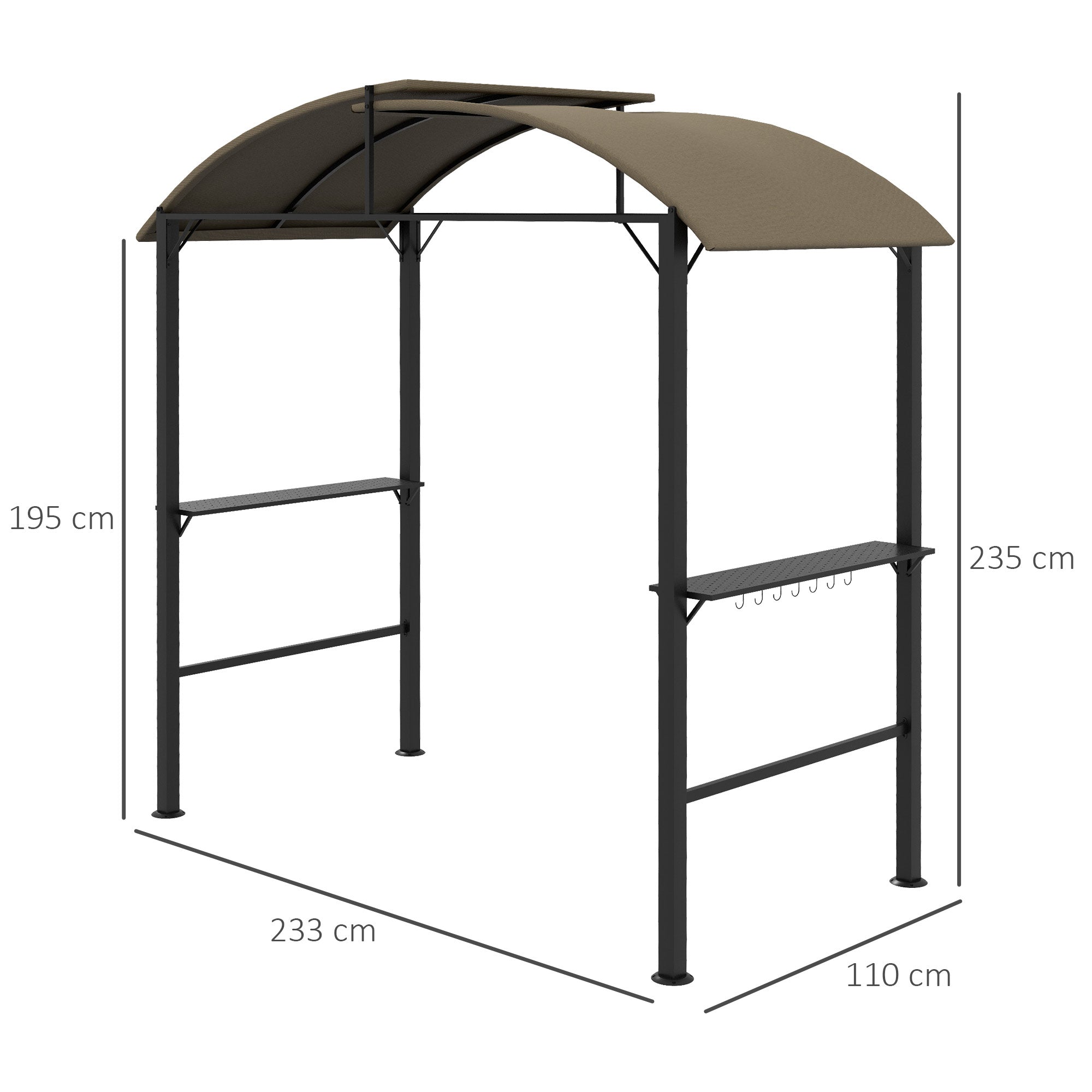 BBQ Grill Pavilion 1.1 x 2.3m Weatherproof Polyester Roof Side Shelves Khaki Steel