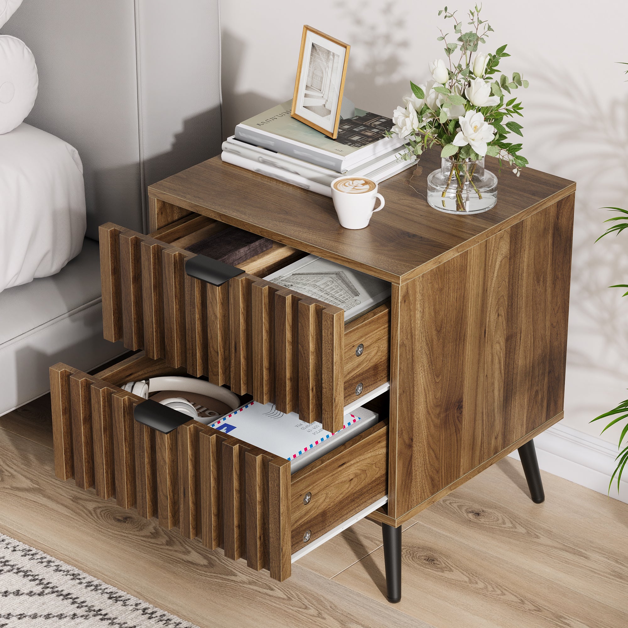 Modern Bedside Table Recessed Design 2 Drawers 45x40x53 cm - Walnut